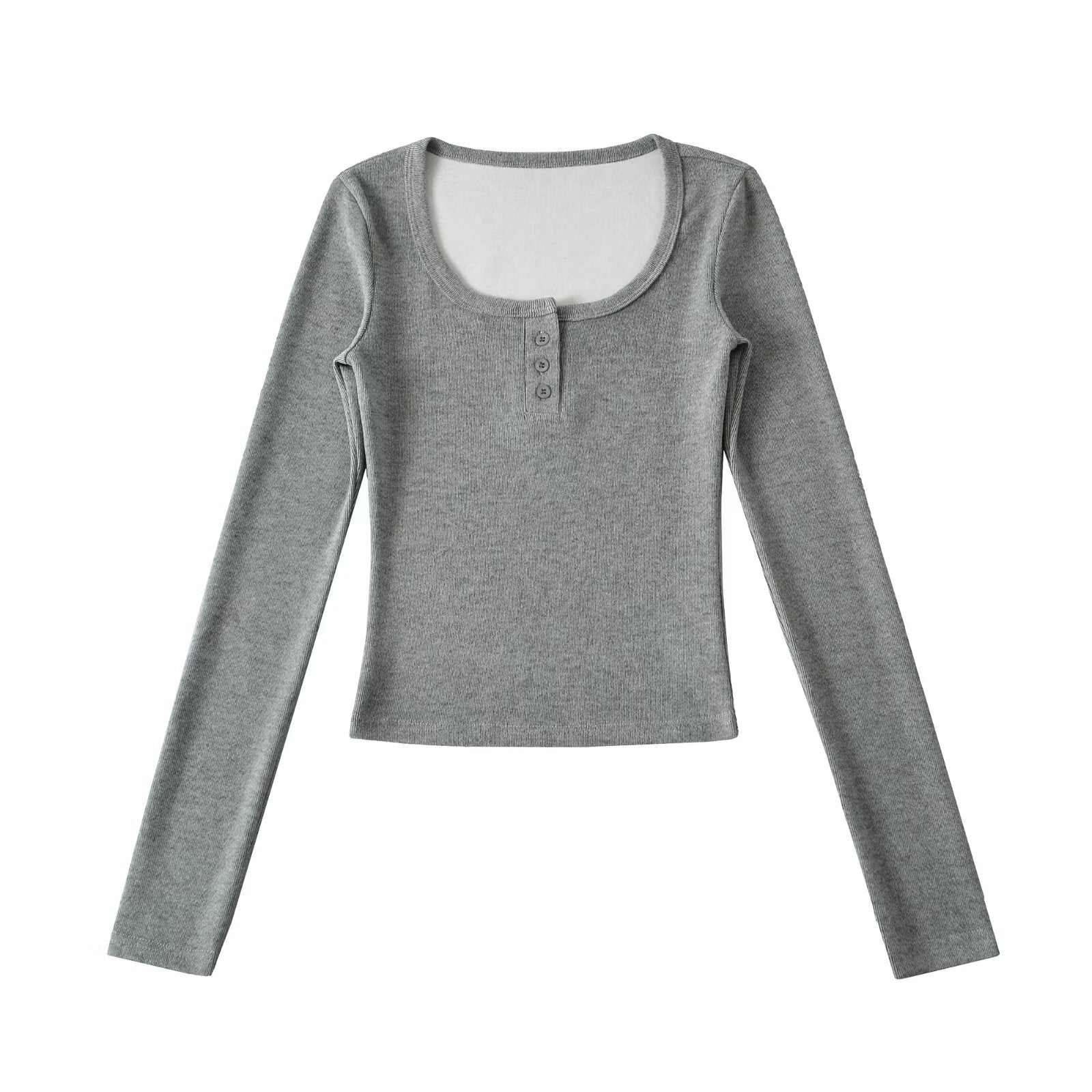 Round neck single breasted slim fit long sleeved T-shirt