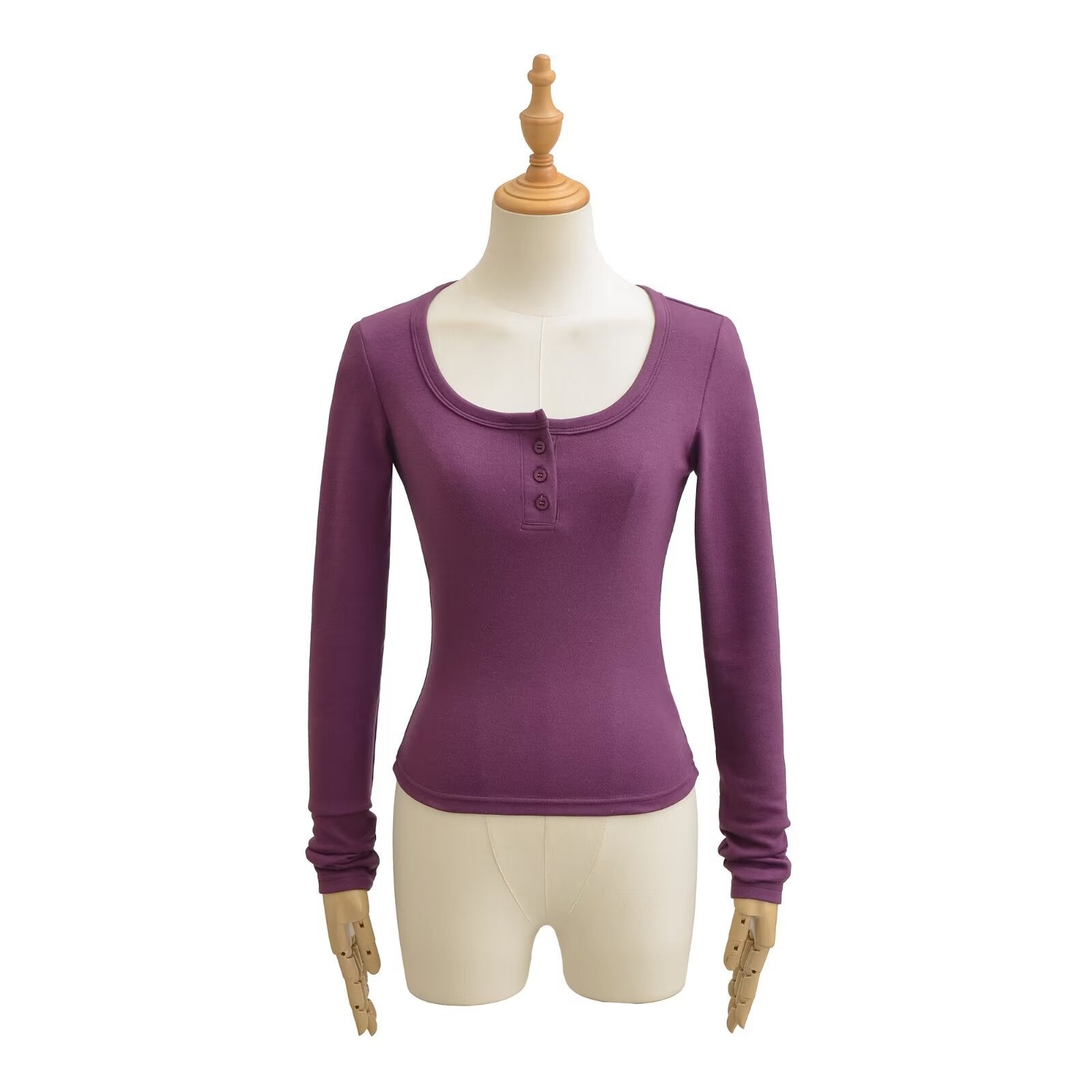 Round neck single breasted slim fit long sleeved T-shirt