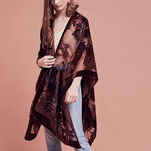 Women's Burnout Velvet Kimono Long Cardigan Cover Up Casual Outfit