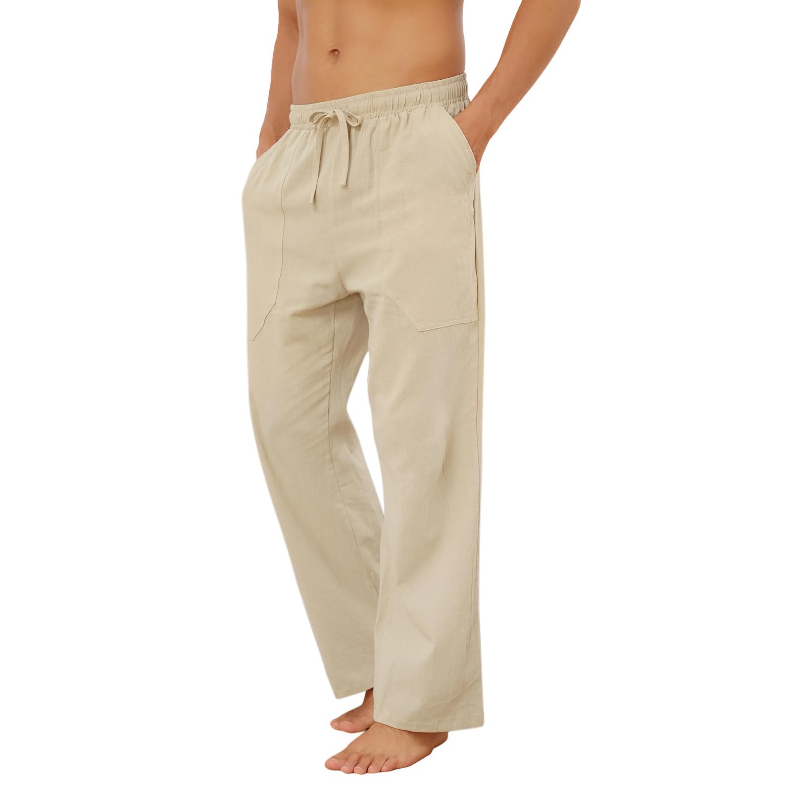 Puimentiua Cotton Linen Pants Men Casual Loose Fit Elastic Drawstring Waist Summer Beach Pants
