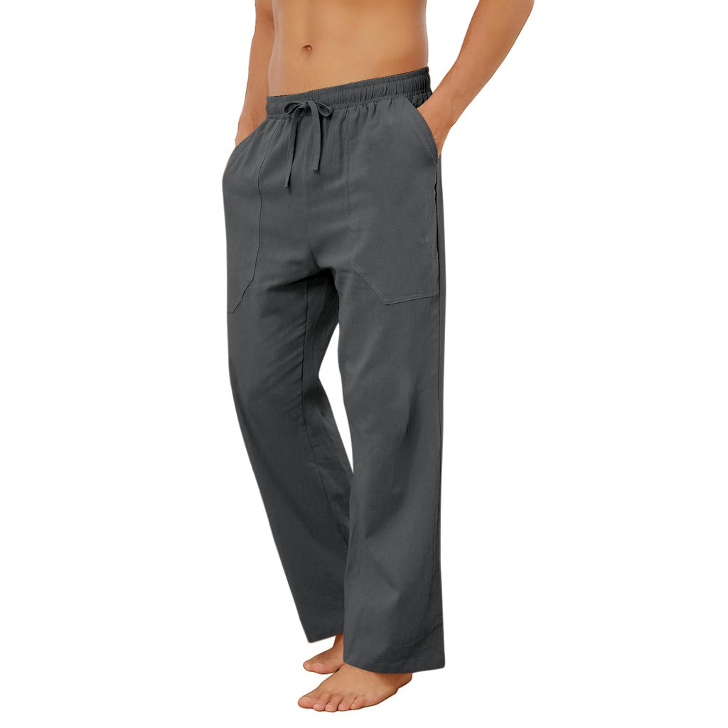 Puimentiua Cotton Linen Pants Men Casual Loose Fit Elastic Drawstring Waist Summer Beach Pants