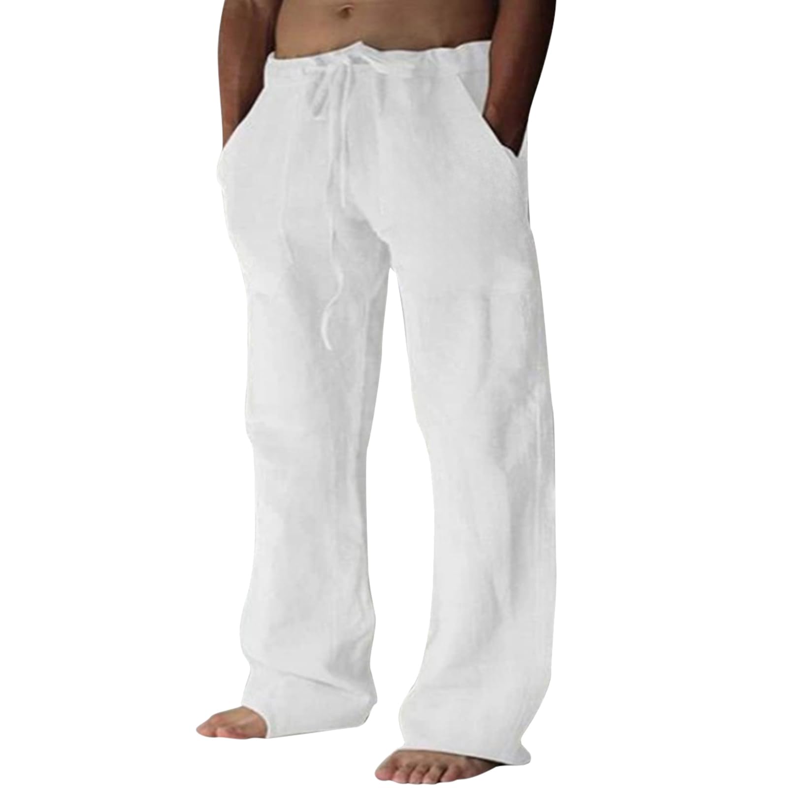 Puimentiua Cotton Linen Pants Men Casual Loose Fit Elastic Drawstring Waist Summer Beach Pants