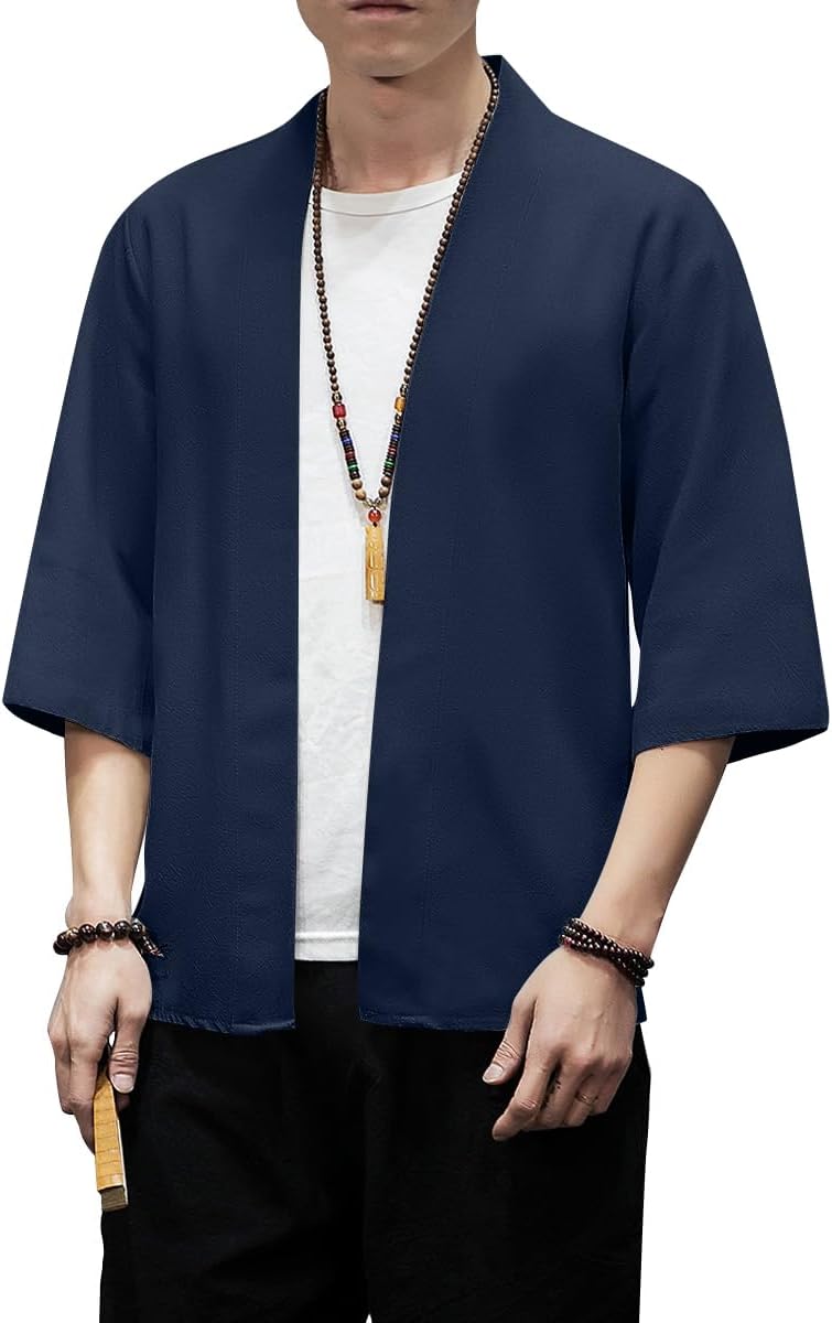 PRIJOUHE Men's Kimono Jackets Cardigan Lightweight Casual Cotton Blends Linen Seven Sleeves Open Front Coat Outwear