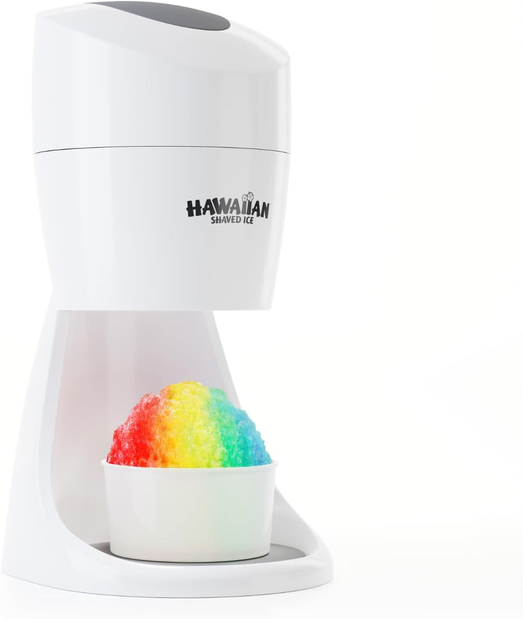 Hawaiian Shaved Ice S900A Snow Cone and Shaved Ice Machine with 2 Reusable Plastic Ice Mold Cups, Non-slip Mat, Instruction Manual, 1-year Manufacturer’s Warranty, 120V, White