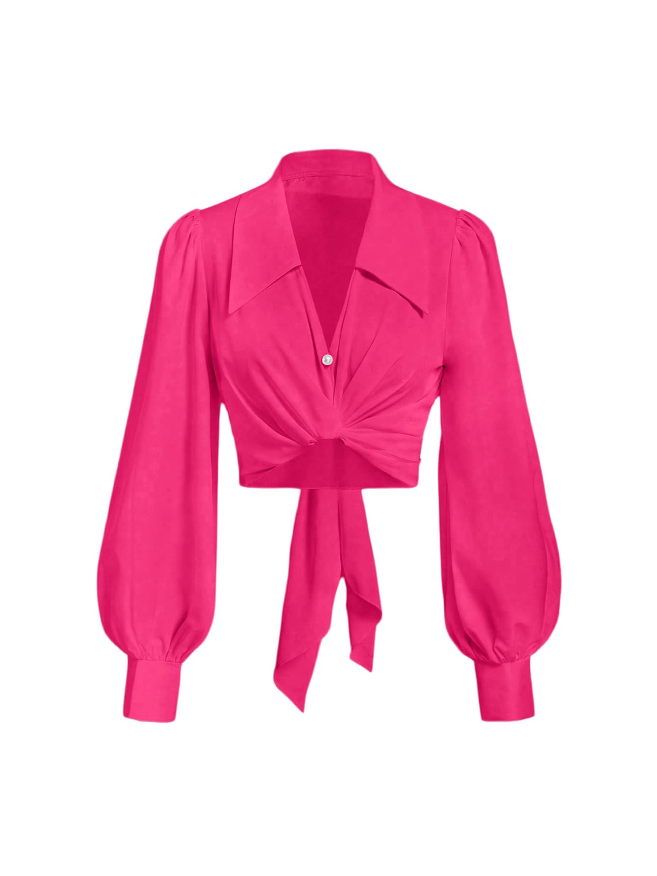 SweatyRocks Women's Button up Collar Cropped Shirt Long Sleeve Self Wrap Crop Top Blouse