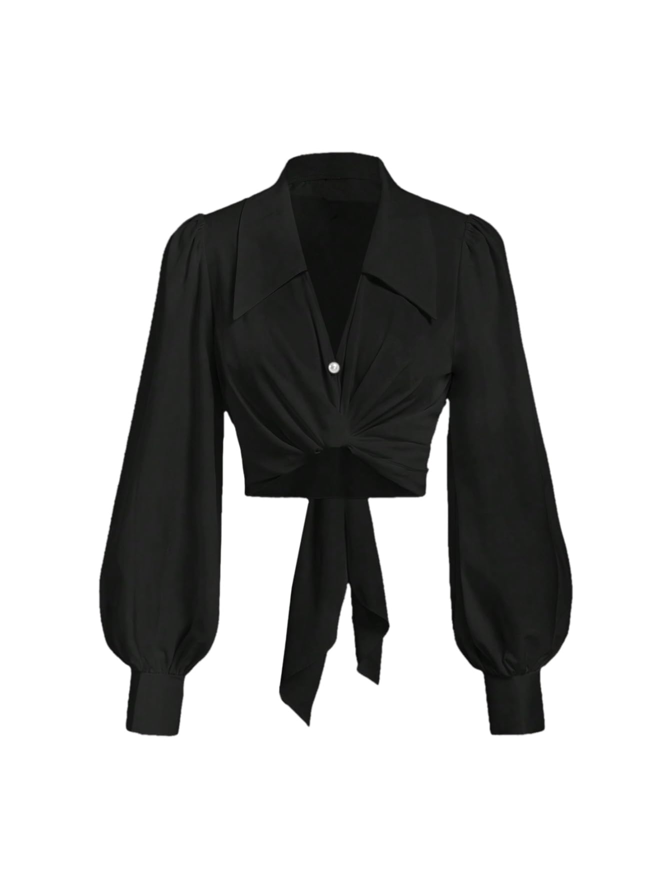 SweatyRocks Women's Button up Collar Cropped Shirt Long Sleeve Self Wrap Crop Top Blouse