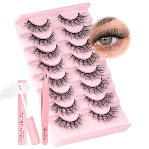 Ahrikiss Lashes Wispy False Eyelashes Natural Look Cat Eye Lashes 8 Pairs Faux Mink Lashes Lightweight Eyelashes Kit with Lash Glue and Lash Tweezers Soft Fake Lashes (Ethereal)
