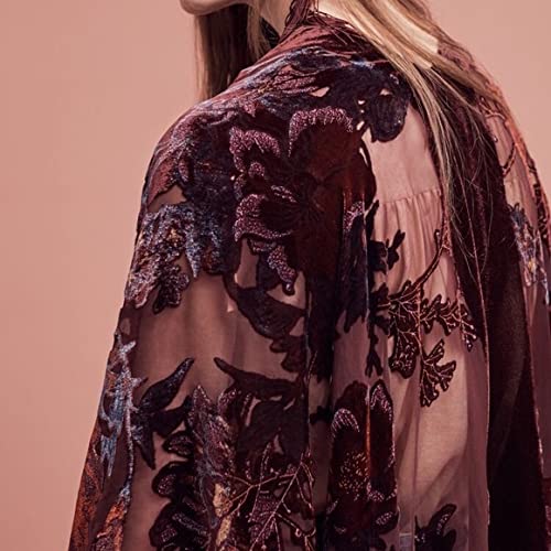 Women's Burnout Velvet Kimono Long Cardigan Cover Up Casual Outfit