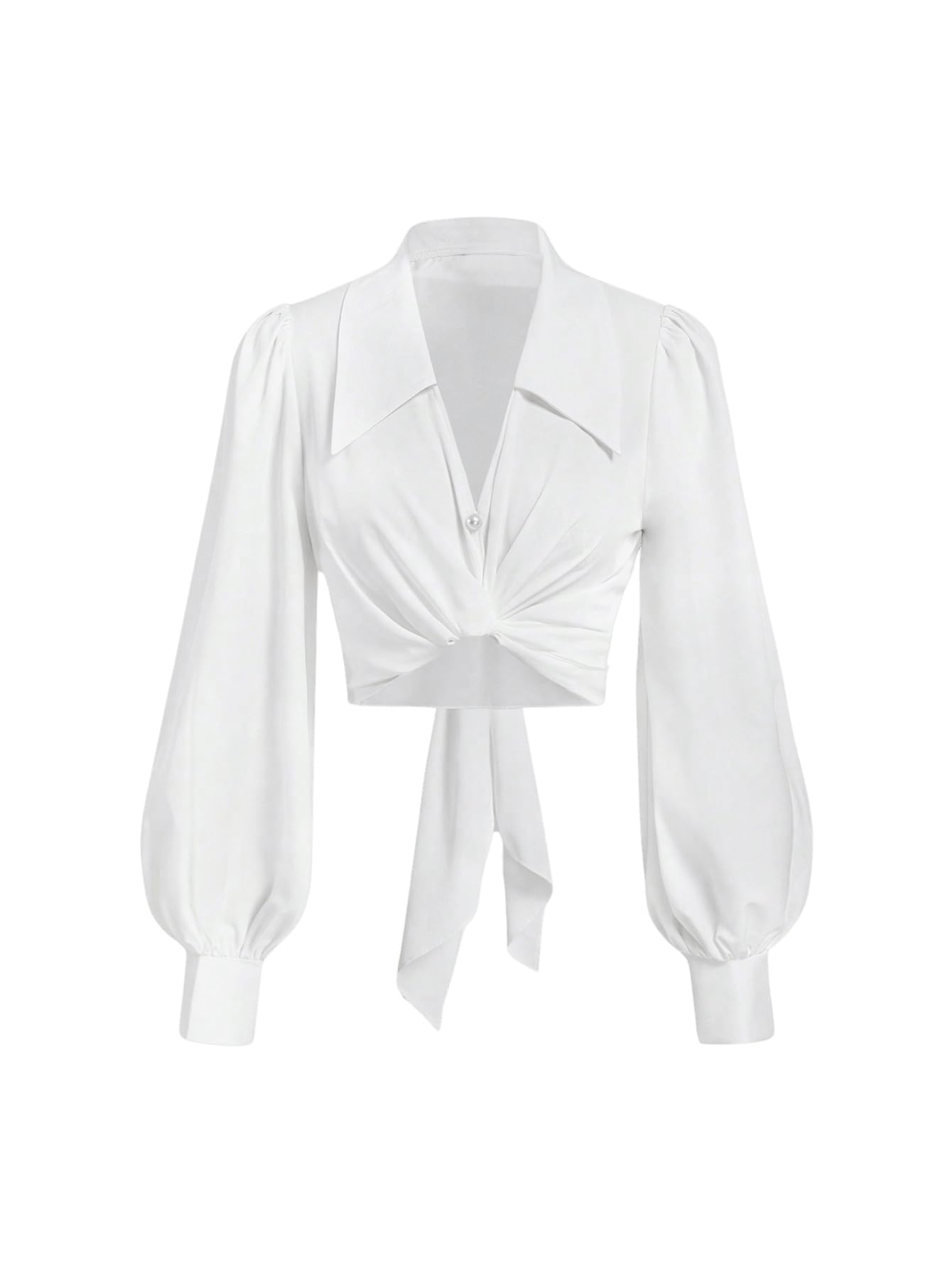 SweatyRocks Women's Button up Collar Cropped Shirt Long Sleeve Self Wrap Crop Top Blouse