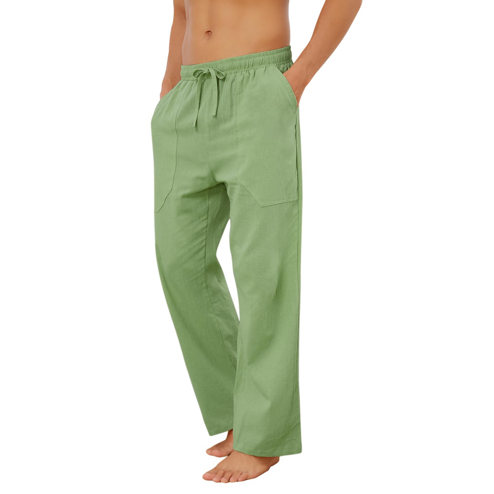 Puimentiua Cotton Linen Pants Men Casual Loose Fit Elastic Drawstring Waist Summer Beach Pants