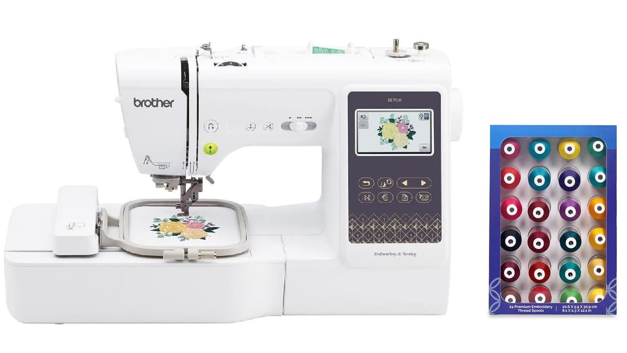 Brother SE700 Sewing and Embroidery Machine, Wireless LAN Connected, 135 Built-in Designs, 103 Built-in Stitches, Computerized, 4" x 4" Hoop Area, 3.7" Touchscreen Display, 8 Included Feet, White
