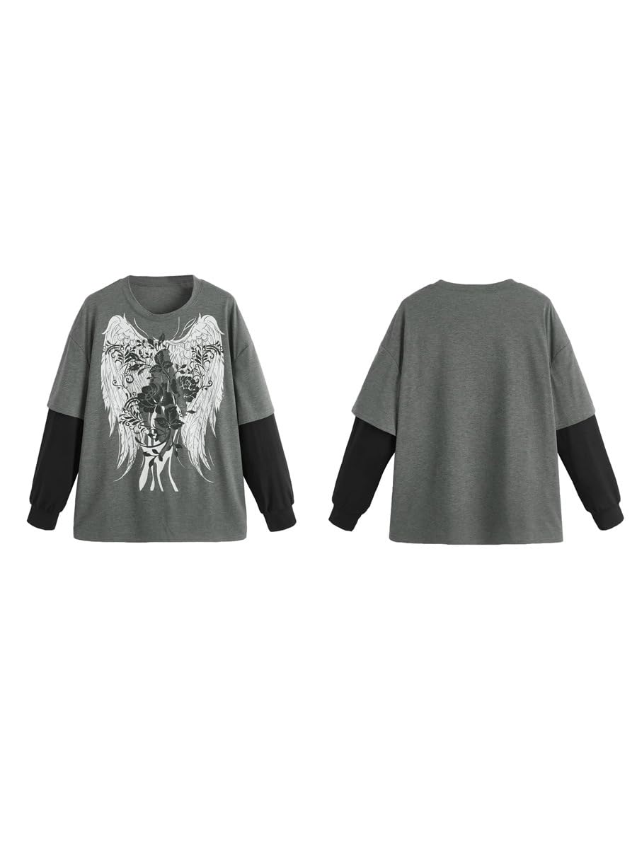 Goth Shirt Gothic Shirt Fake Two-Piece Alternative Clothing Goth Long Sleeve Top Grunge Clothes