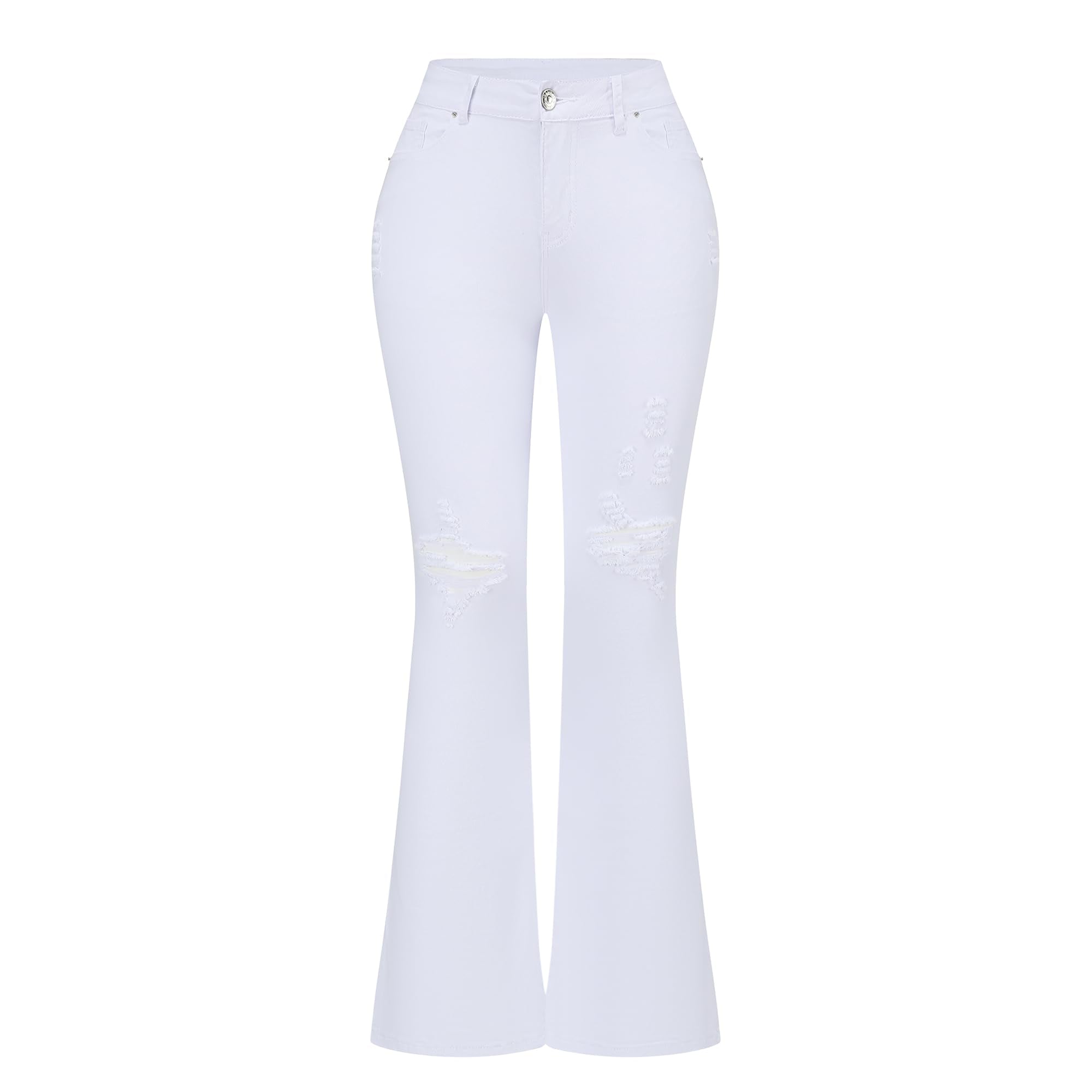 THUNDER STAR Womens Stretchy Mid Rise Flare Jeans Distressed Denim Bell Bottom Pants