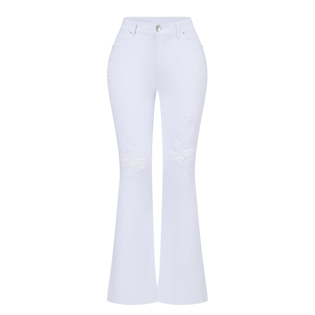 THUNDER STAR Womens Stretchy Mid Rise Flare Jeans Distressed Denim Bell Bottom Pants