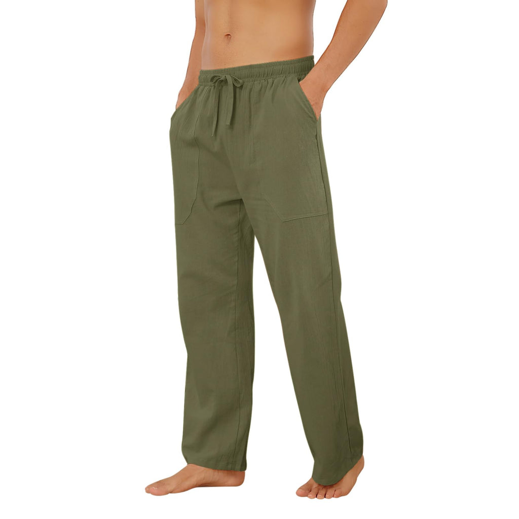 Puimentiua Cotton Linen Pants Men Casual Loose Fit Elastic Drawstring Waist Summer Beach Pants