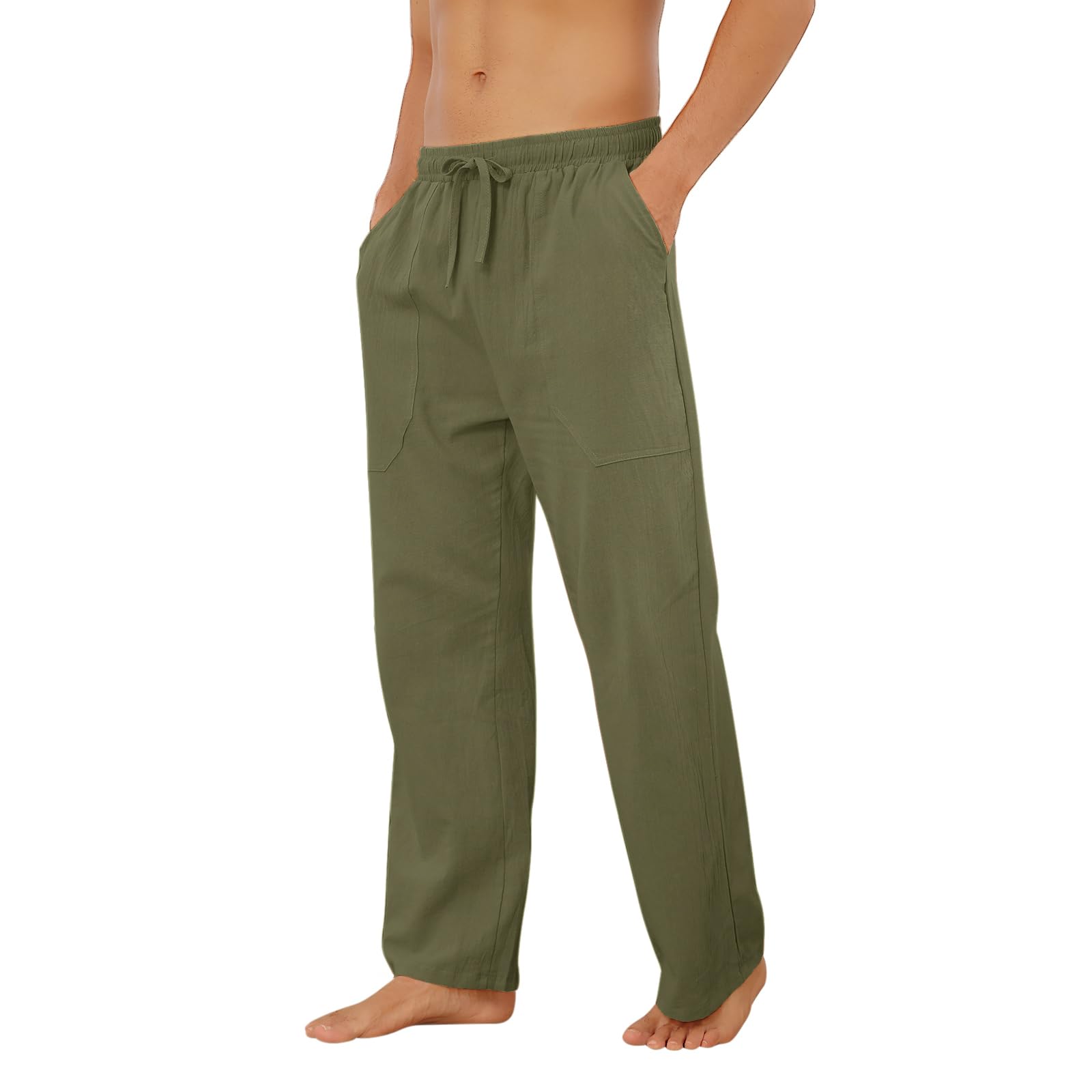Puimentiua Cotton Linen Pants Men Casual Loose Fit Elastic Drawstring Waist Summer Beach Pants