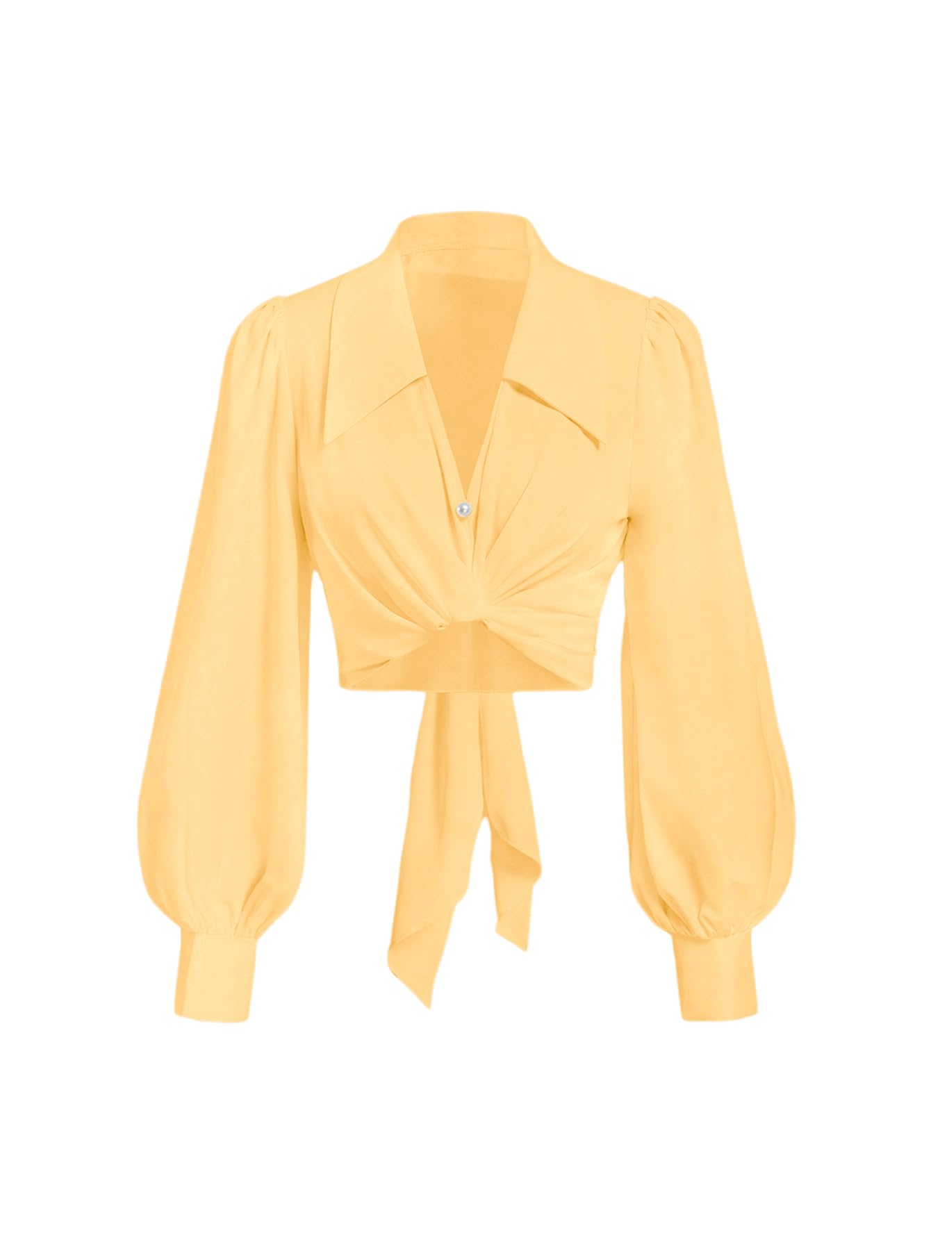 SweatyRocks Women's Button up Collar Cropped Shirt Long Sleeve Self Wrap Crop Top Blouse