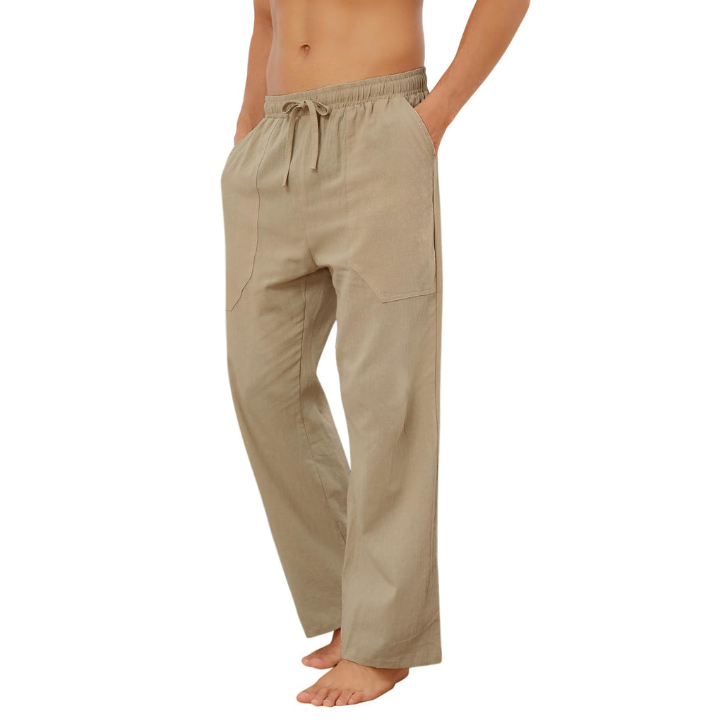 Puimentiua Cotton Linen Pants Men Casual Loose Fit Elastic Drawstring Waist Summer Beach Pants
