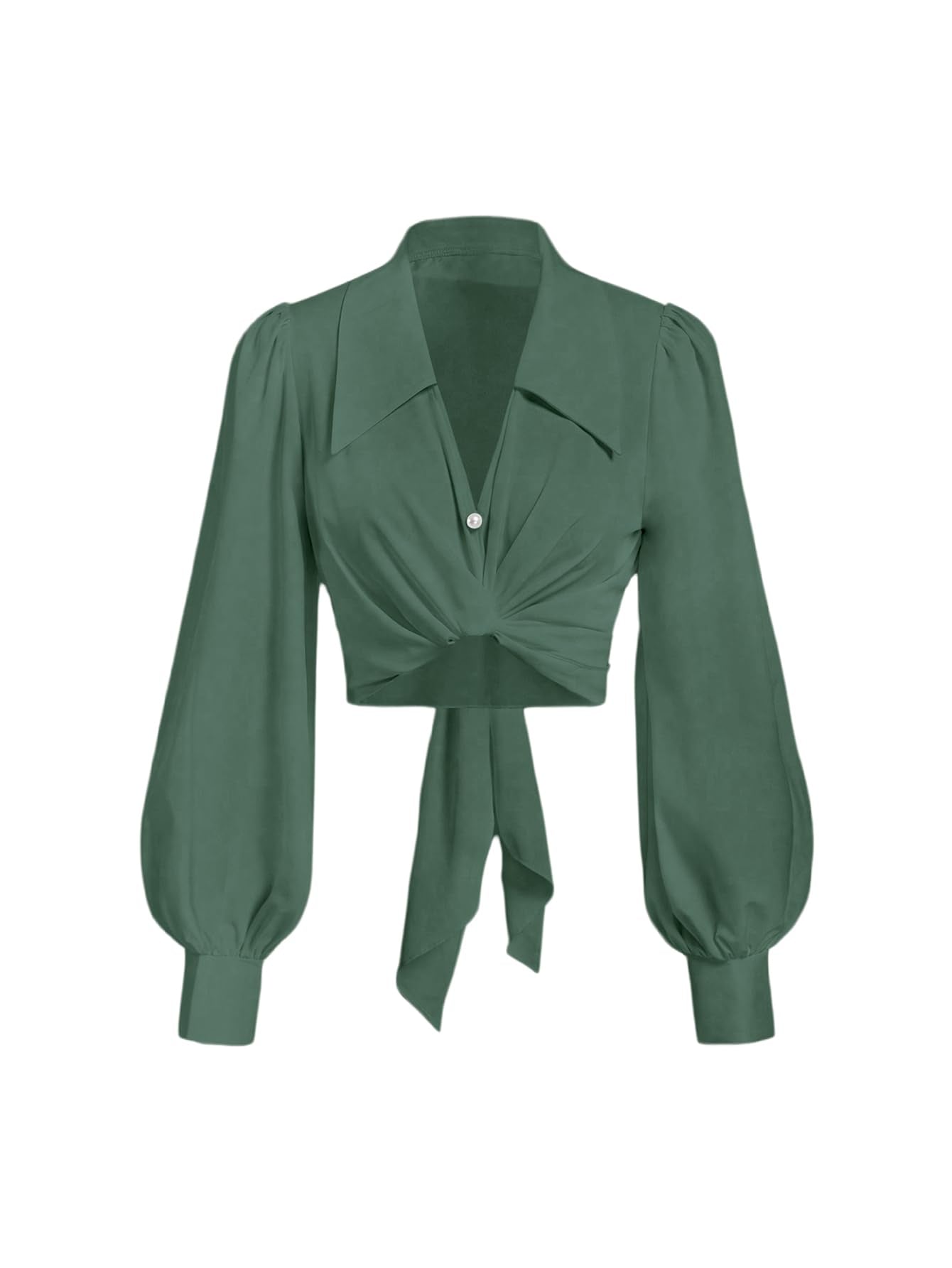 SweatyRocks Women's Button up Collar Cropped Shirt Long Sleeve Self Wrap Crop Top Blouse