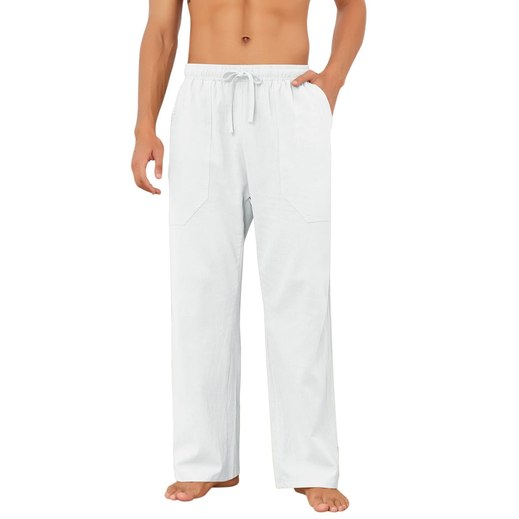 Puimentiua Cotton Linen Pants Men Casual Loose Fit Elastic Drawstring Waist Summer Beach Pants