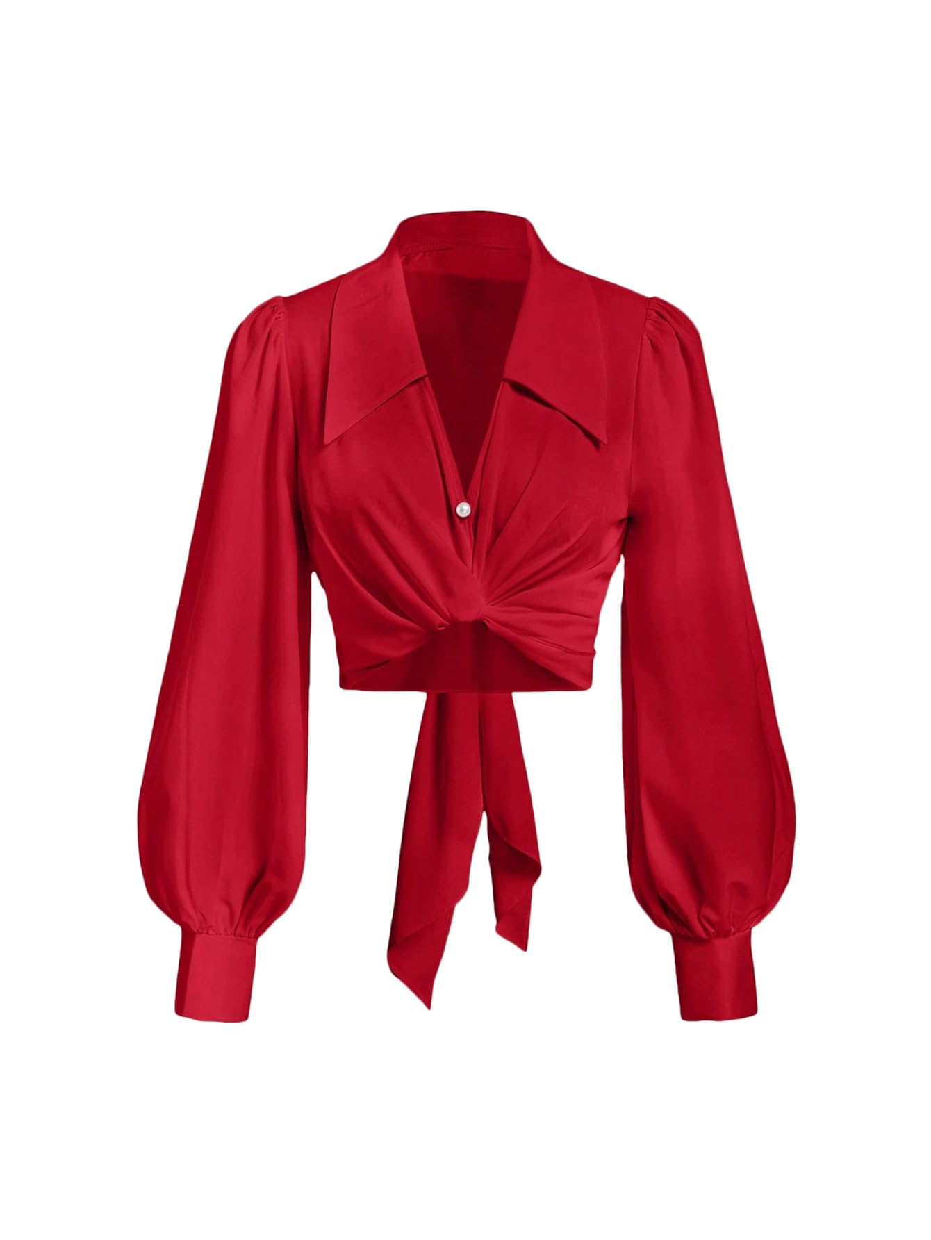 SweatyRocks Women's Button up Collar Cropped Shirt Long Sleeve Self Wrap Crop Top Blouse