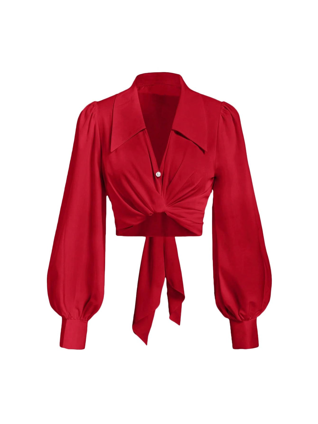 SweatyRocks Women's Button up Collar Cropped Shirt Long Sleeve Self Wrap Crop Top Blouse