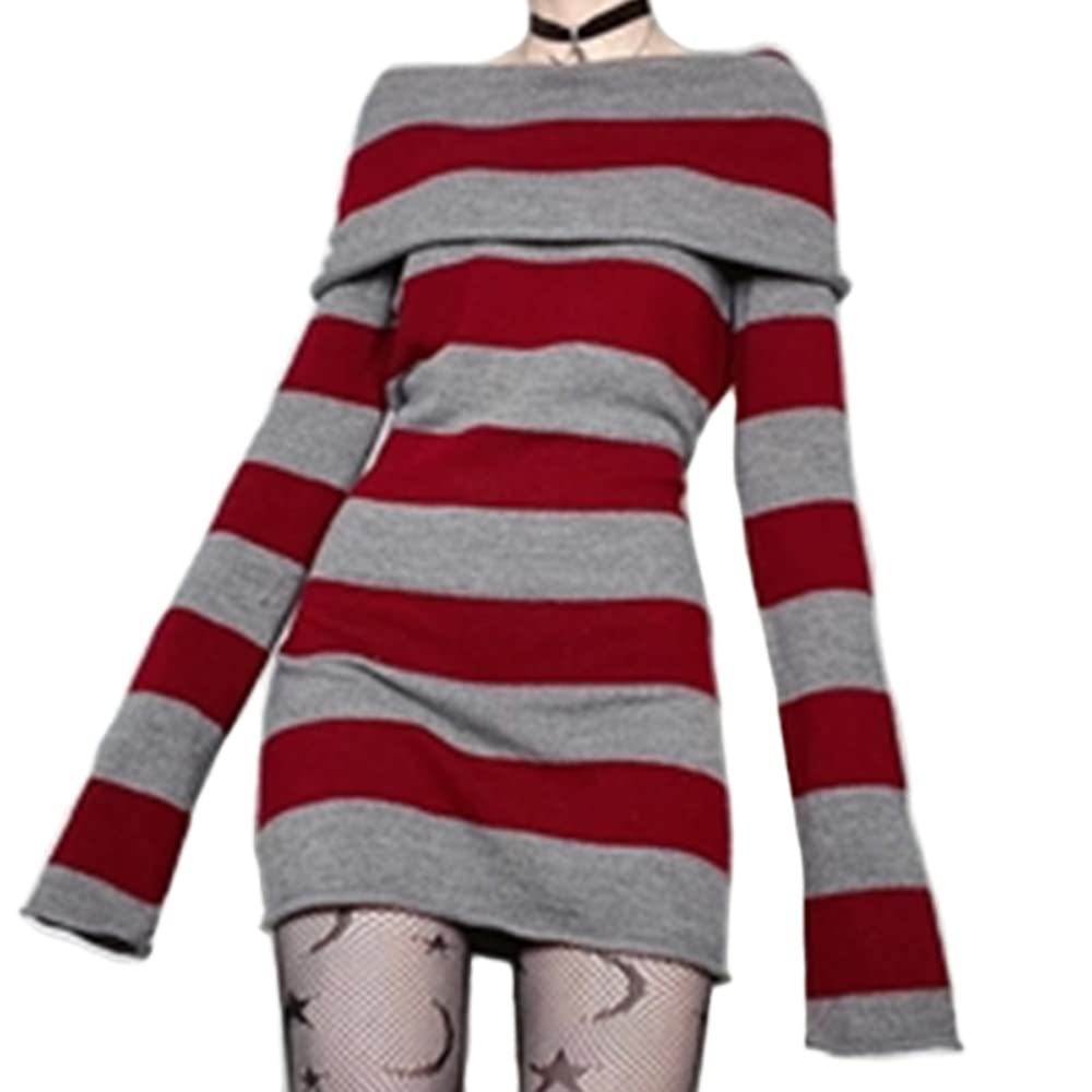 SOLILOQUY Women Gothic Dress Punk Off Shoulder Striped Knit Dress Y2k Fairy Grunge Dress Halloween Dark Academia Clothes