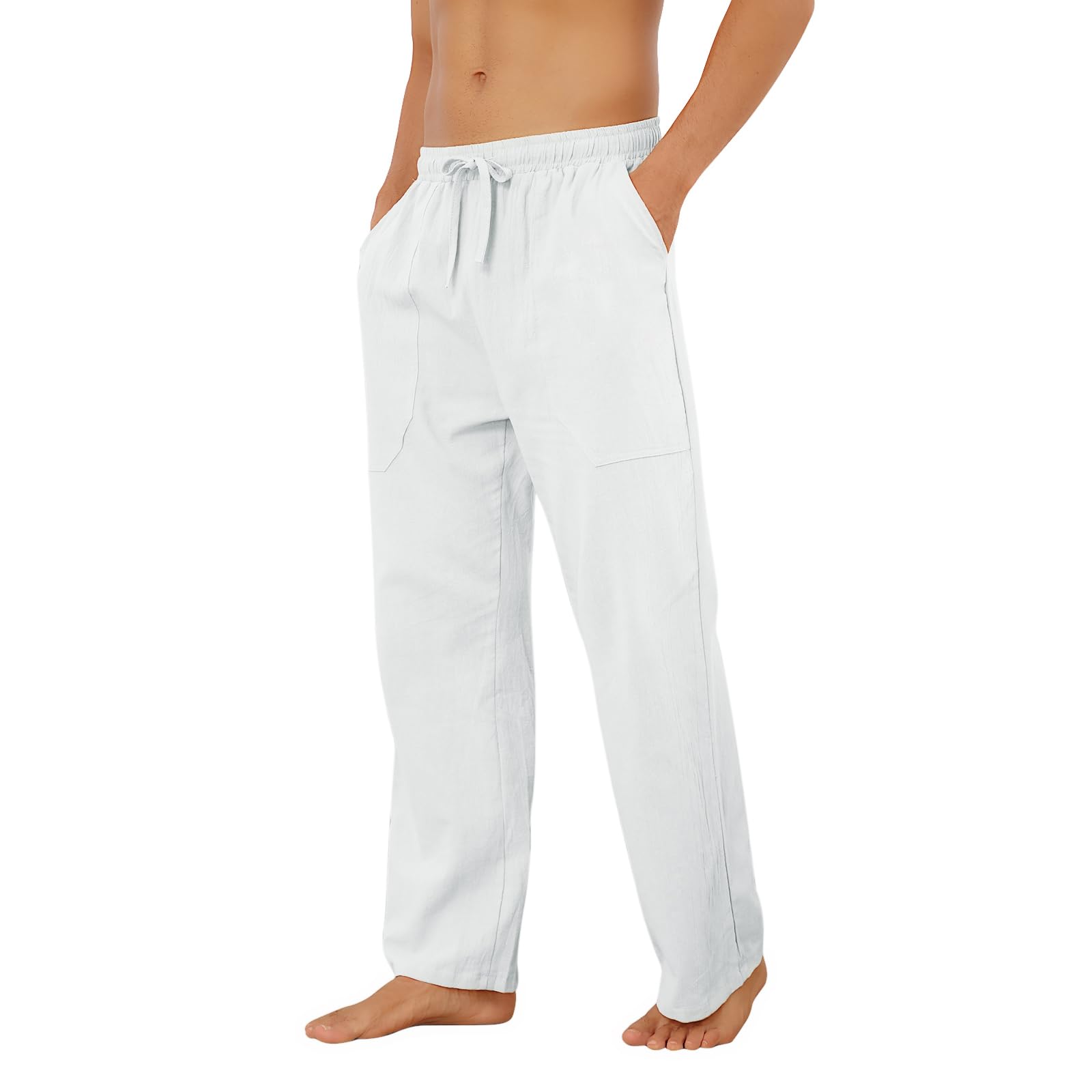 Puimentiua Cotton Linen Pants Men Casual Loose Fit Elastic Drawstring Waist Summer Beach Pants