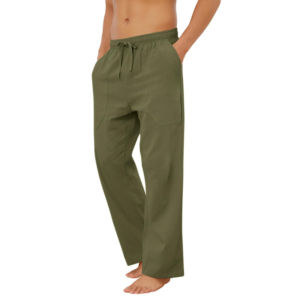 Puimentiua Cotton Linen Pants Men Casual Loose Fit Elastic Drawstring Waist Summer Beach Pants