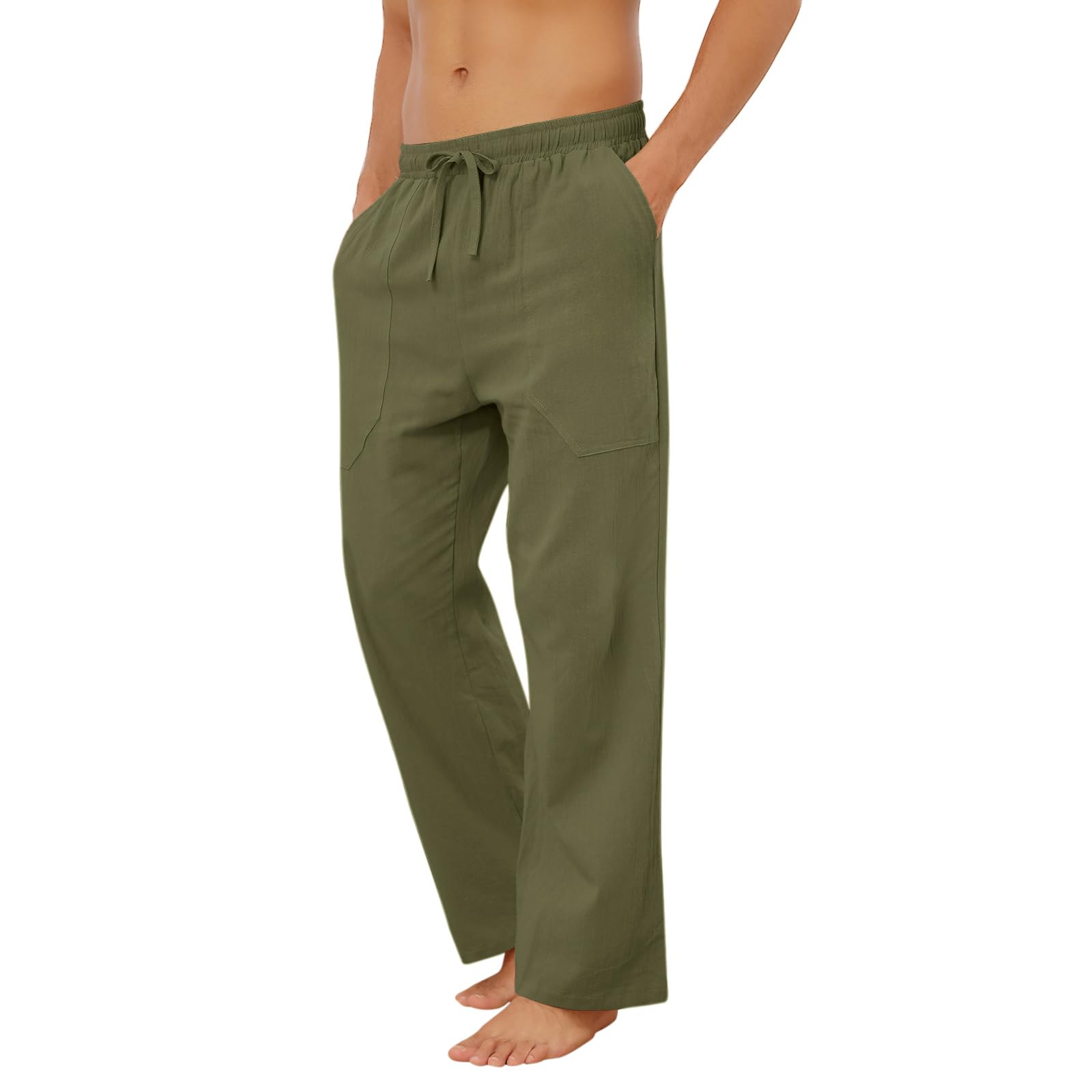 Puimentiua Cotton Linen Pants Men Casual Loose Fit Elastic Drawstring Waist Summer Beach Pants