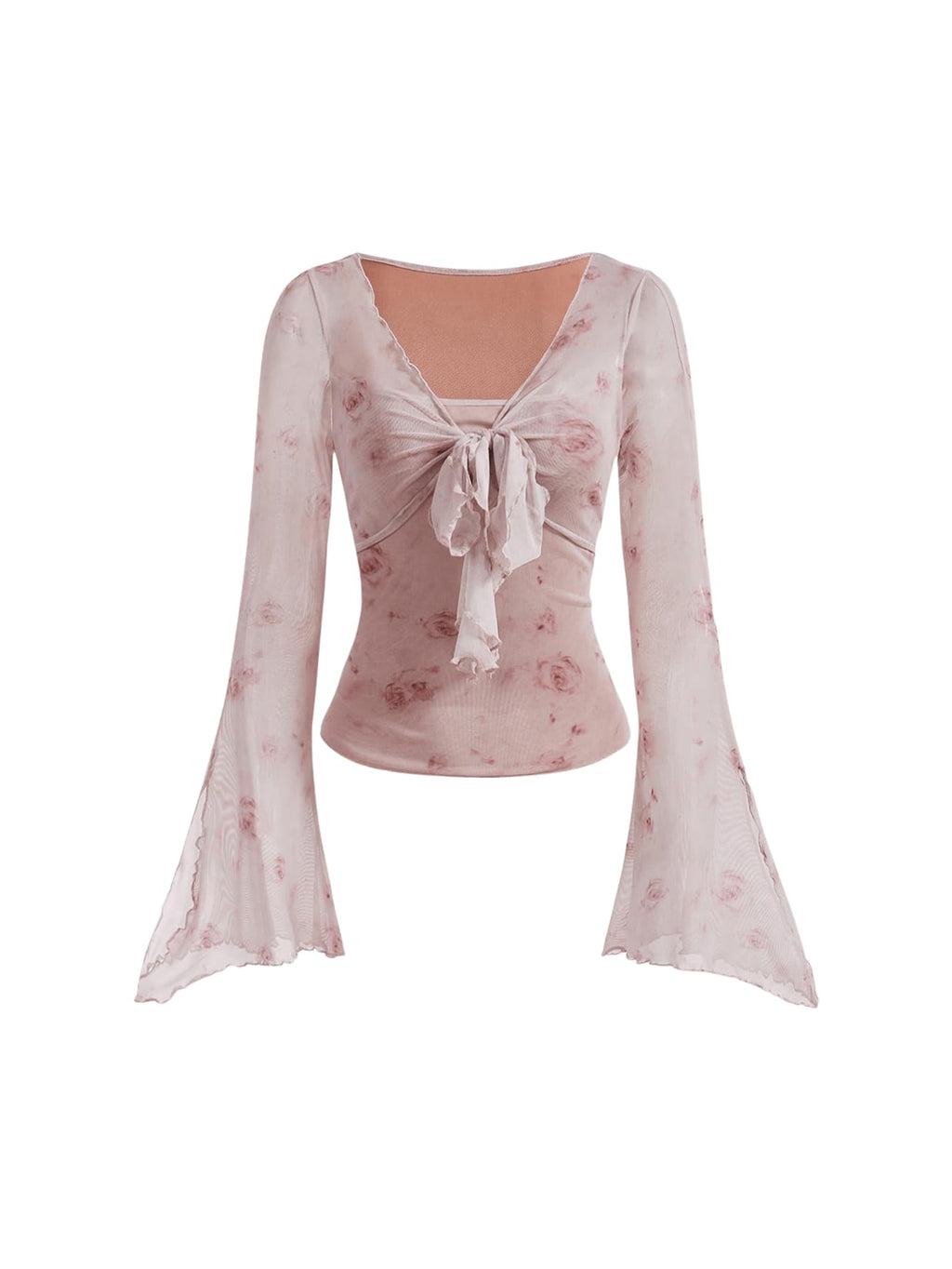 Verdusa Women's Y2K Tie Front Tops Bell Sleeve Floral Print Mesh Tops Long Sleeve Shirts 2000s Clothing