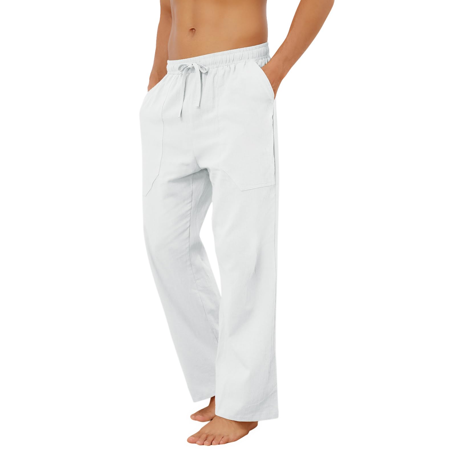 Puimentiua Cotton Linen Pants Men Casual Loose Fit Elastic Drawstring Waist Summer Beach Pants