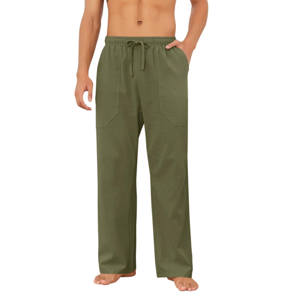 Puimentiua Cotton Linen Pants Men Casual Loose Fit Elastic Drawstring Waist Summer Beach Pants