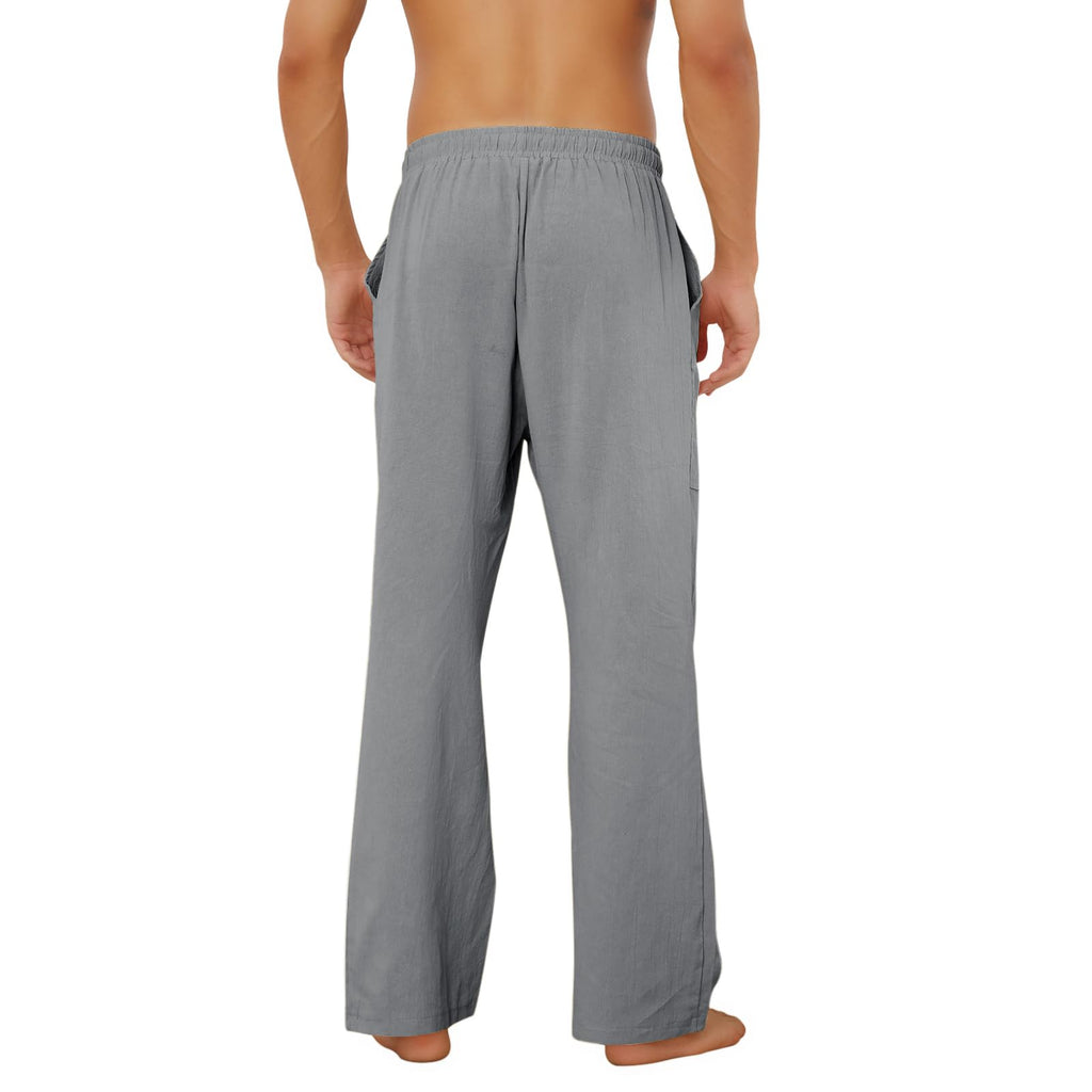 Puimentiua Cotton Linen Pants Men Casual Loose Fit Elastic Drawstring Waist Summer Beach Pants