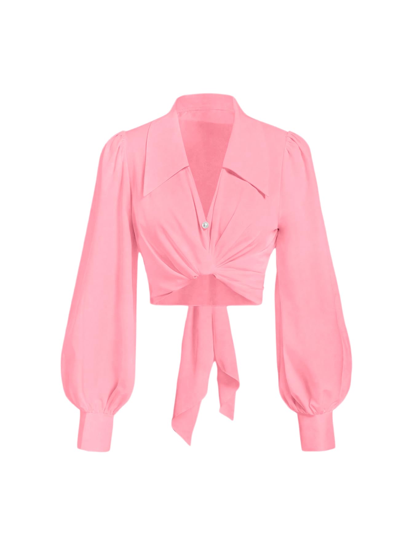 SweatyRocks Women's Button up Collar Cropped Shirt Long Sleeve Self Wrap Crop Top Blouse