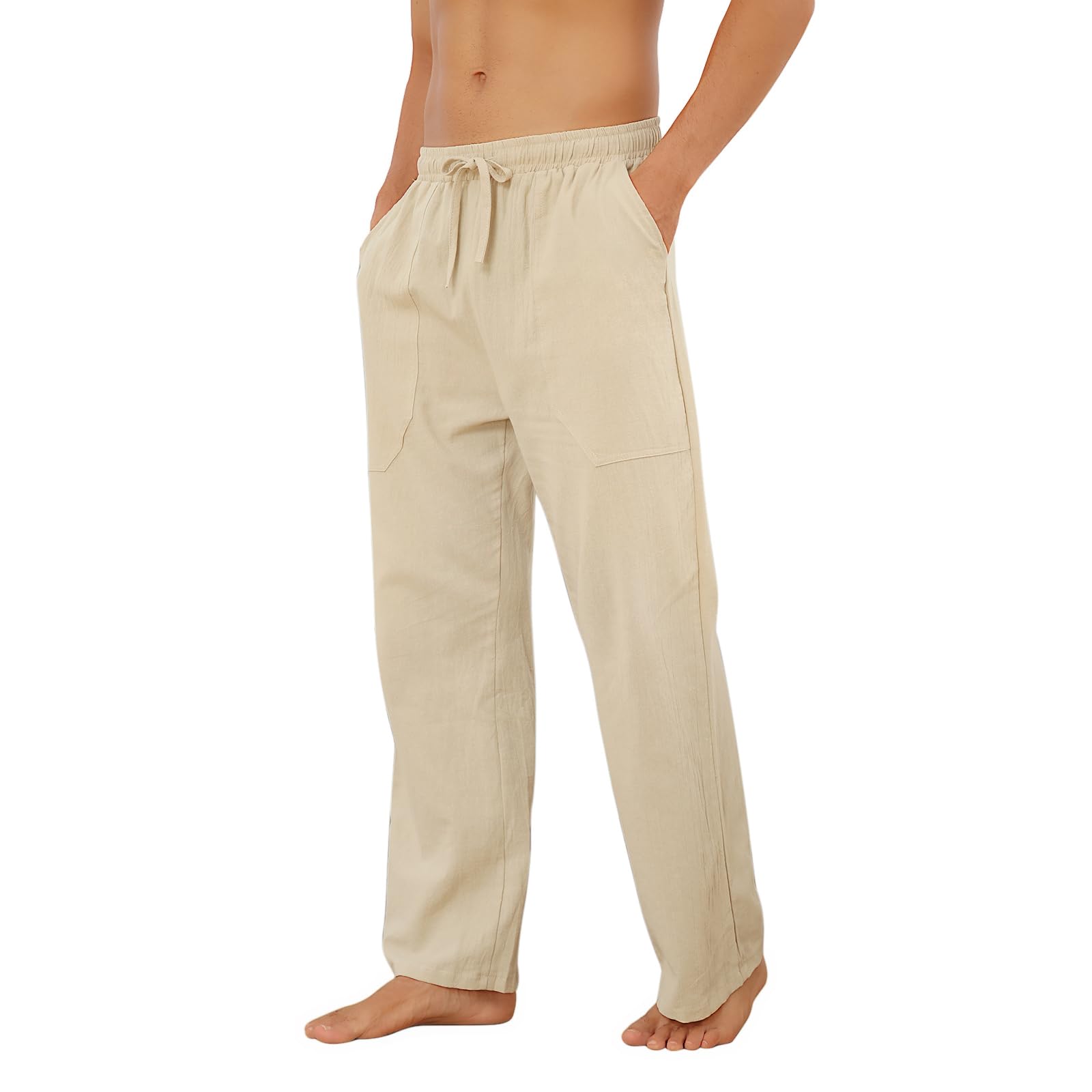 Puimentiua Cotton Linen Pants Men Casual Loose Fit Elastic Drawstring Waist Summer Beach Pants
