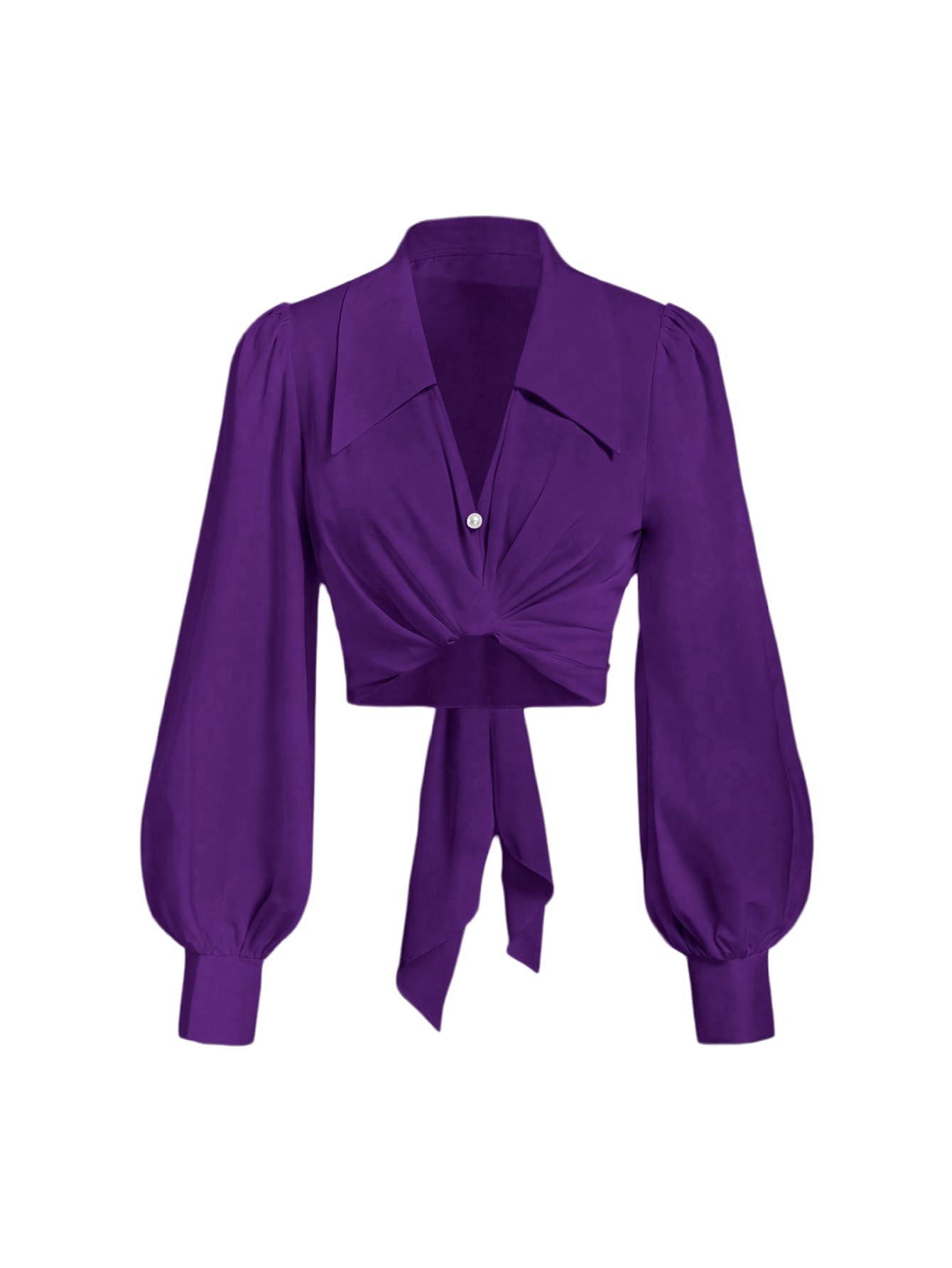 SweatyRocks Women's Button up Collar Cropped Shirt Long Sleeve Self Wrap Crop Top Blouse