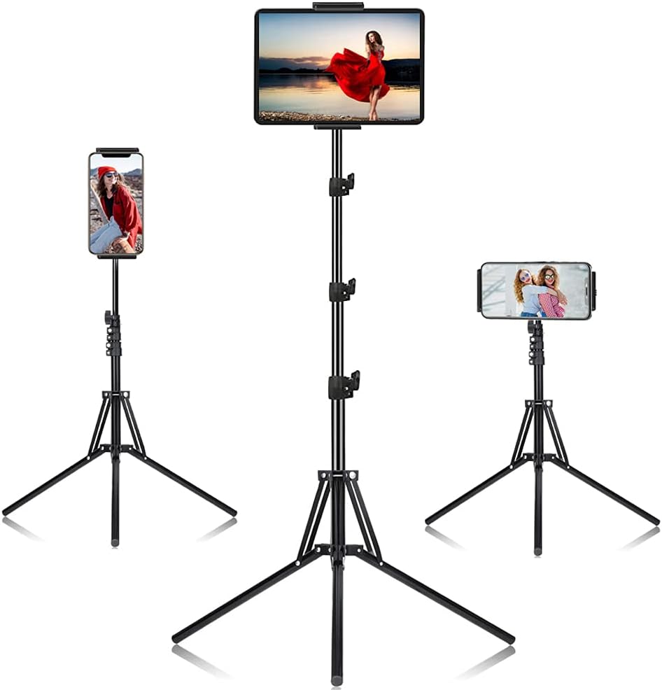 Ipad Tripod Stand, with 65 inch Height Adjustable iPad Stand Holder & iPad Floor Stand with 360° Rotating iPad Tripod Mount for iPad Pro, iPhone, Kindle, and All 4.5-12.9 Inch Tablets