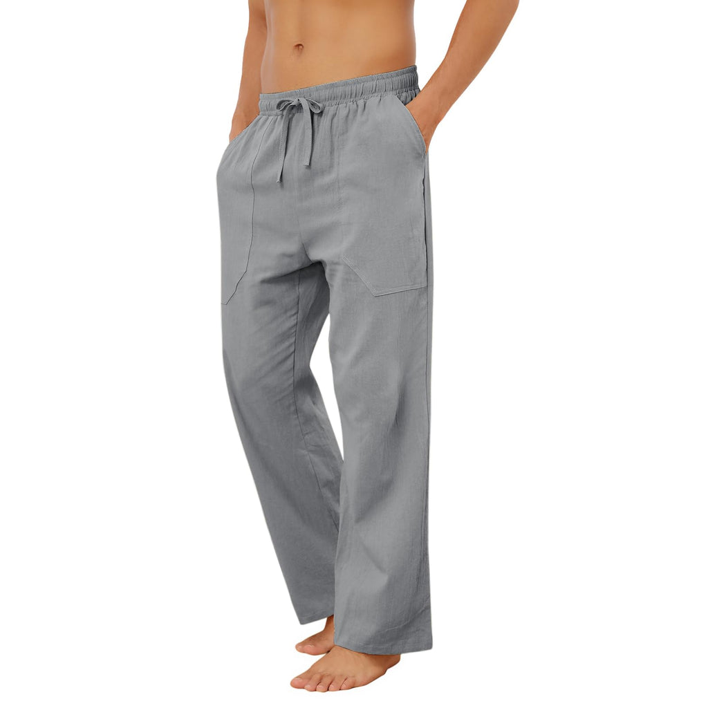 Puimentiua Cotton Linen Pants Men Casual Loose Fit Elastic Drawstring Waist Summer Beach Pants