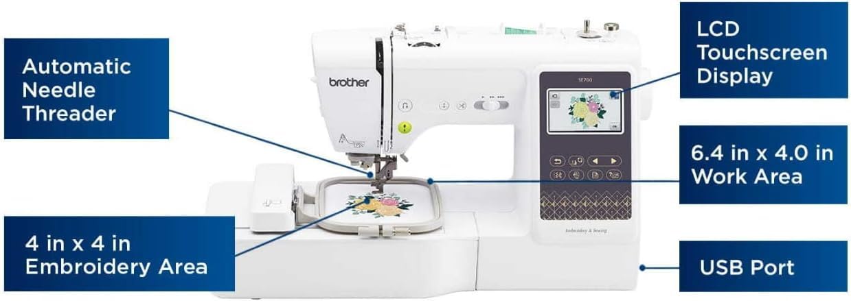 Brother SE700 Sewing and Embroidery Machine, Wireless LAN Connected, 135 Built-in Designs, 103 Built-in Stitches, Computerized, 4" x 4" Hoop Area, 3.7" Touchscreen Display, 8 Included Feet, White