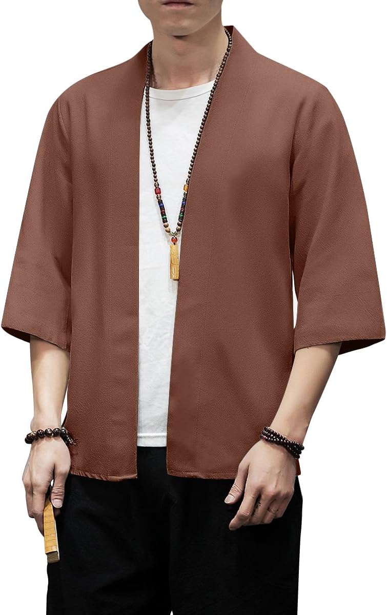 PRIJOUHE Men's Kimono Jackets Cardigan Lightweight Casual Cotton Blends Linen Seven Sleeves Open Front Coat Outwear