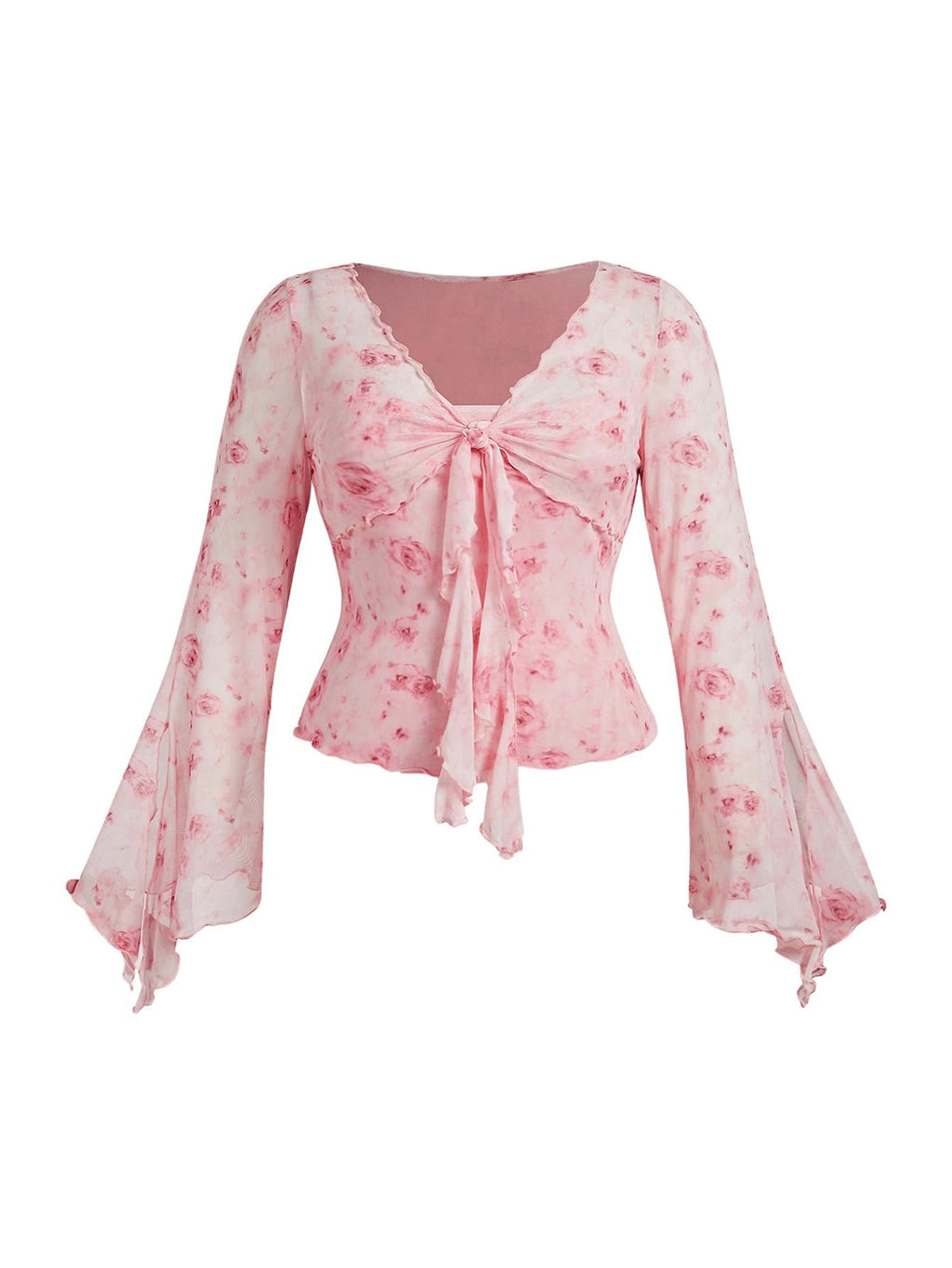 Verdusa Women's Y2K Tie Front Tops Bell Sleeve Floral Print Mesh Tops Long Sleeve Shirts 2000s Clothing