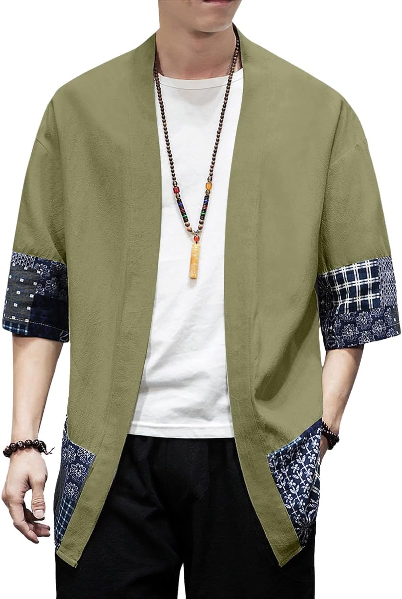 PRIJOUHE Men's Kimono Jackets Cardigan Lightweight Casual Cotton Blends Linen Seven Sleeves Open Front Coat Outwear
