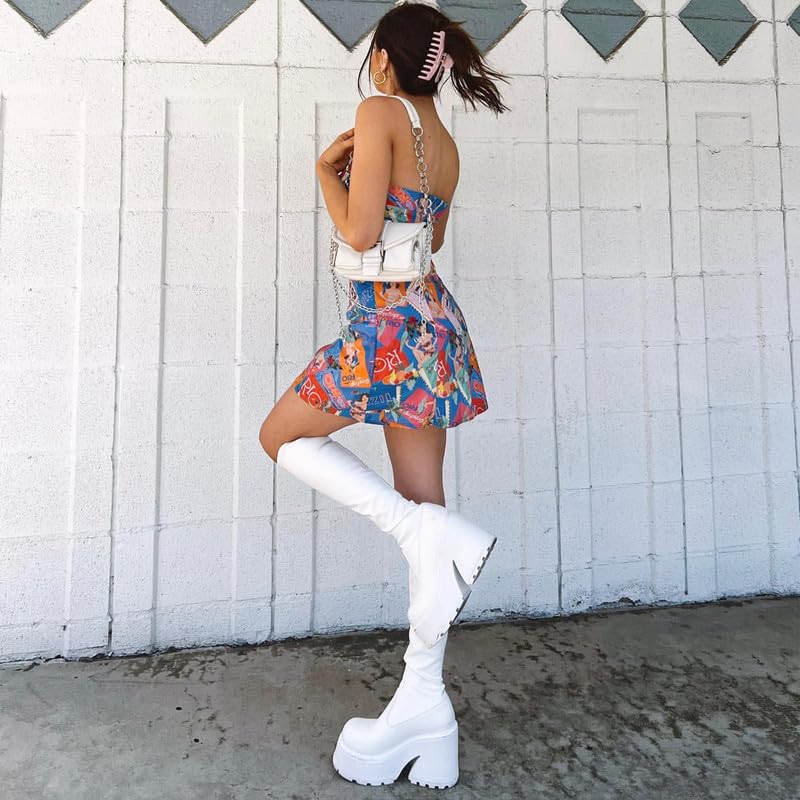 AMINUGAL Womens Elastic Knee High Platform Chunky Block High Heel Sock Boots Zipper Round Toe Fashion Motorcycle Combat Punk Boots For Women