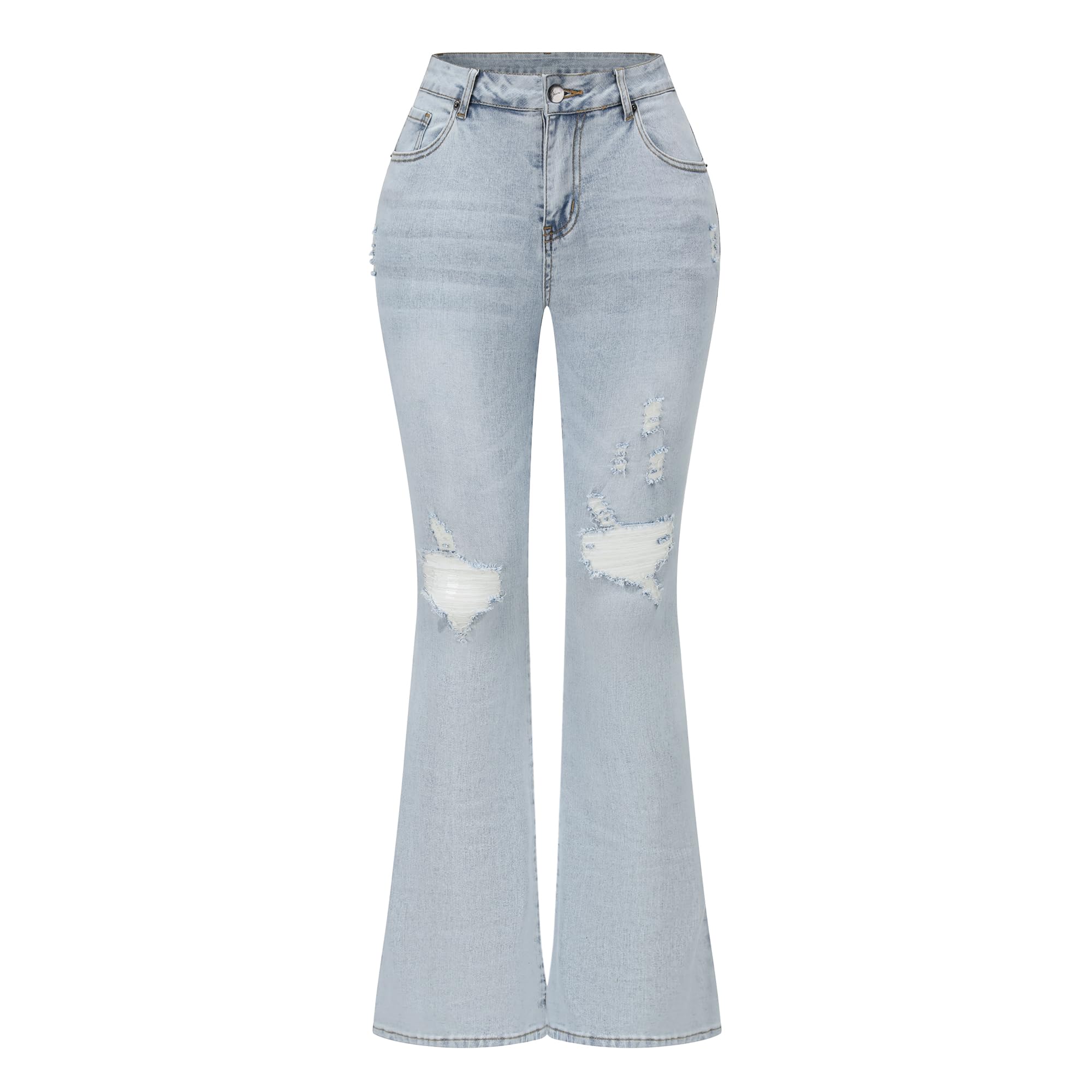 THUNDER STAR Womens Stretchy Mid Rise Flare Jeans Distressed Denim Bell Bottom Pants