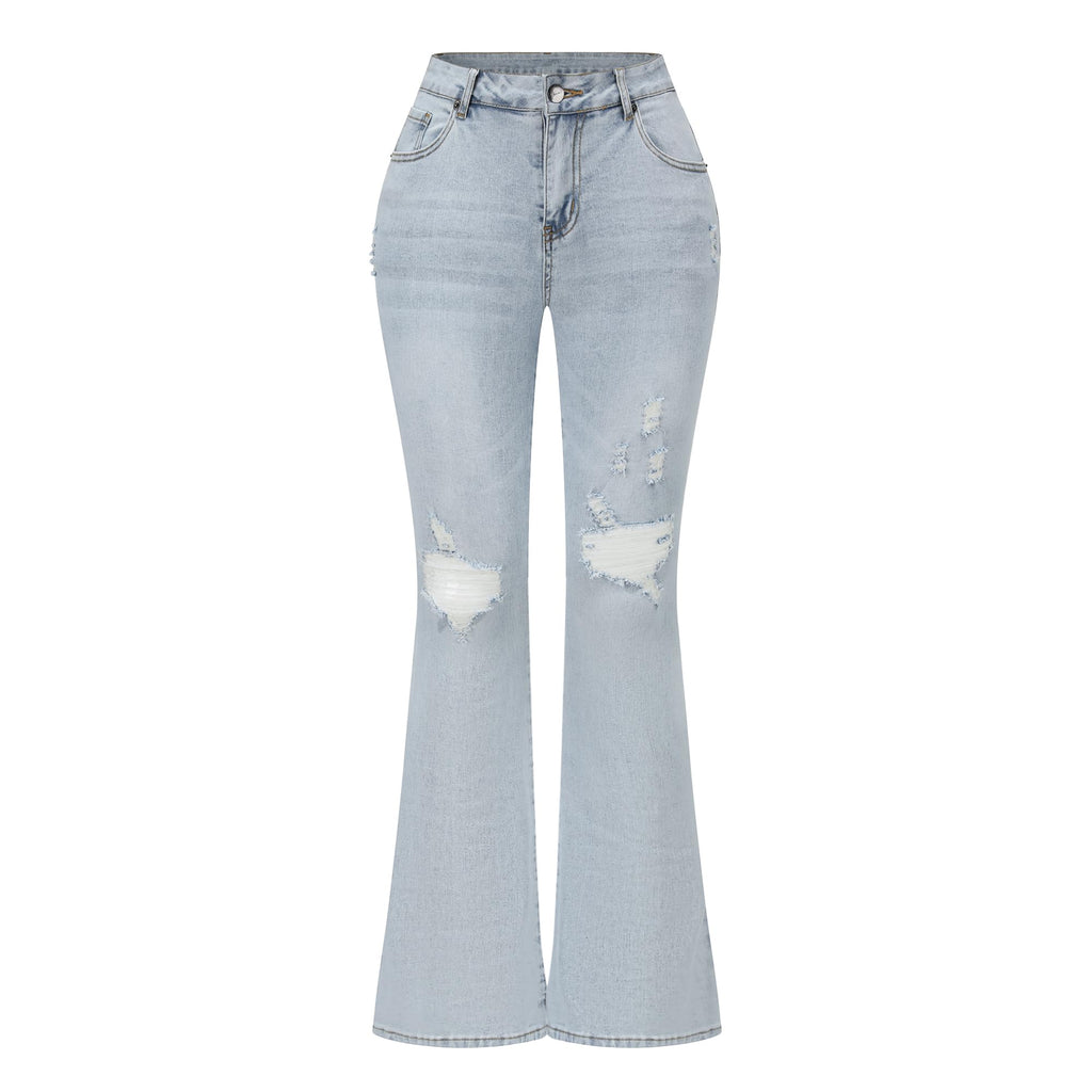 THUNDER STAR Womens Stretchy Mid Rise Flare Jeans Distressed Denim Bell Bottom Pants