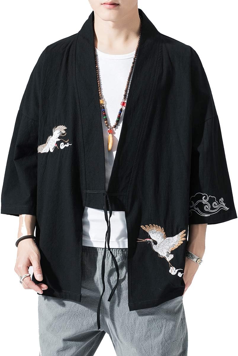PRIJOUHE Men's Kimono Jackets Cardigan Lightweight Casual Cotton Blends Linen Seven Sleeves Open Front Coat Outwear
