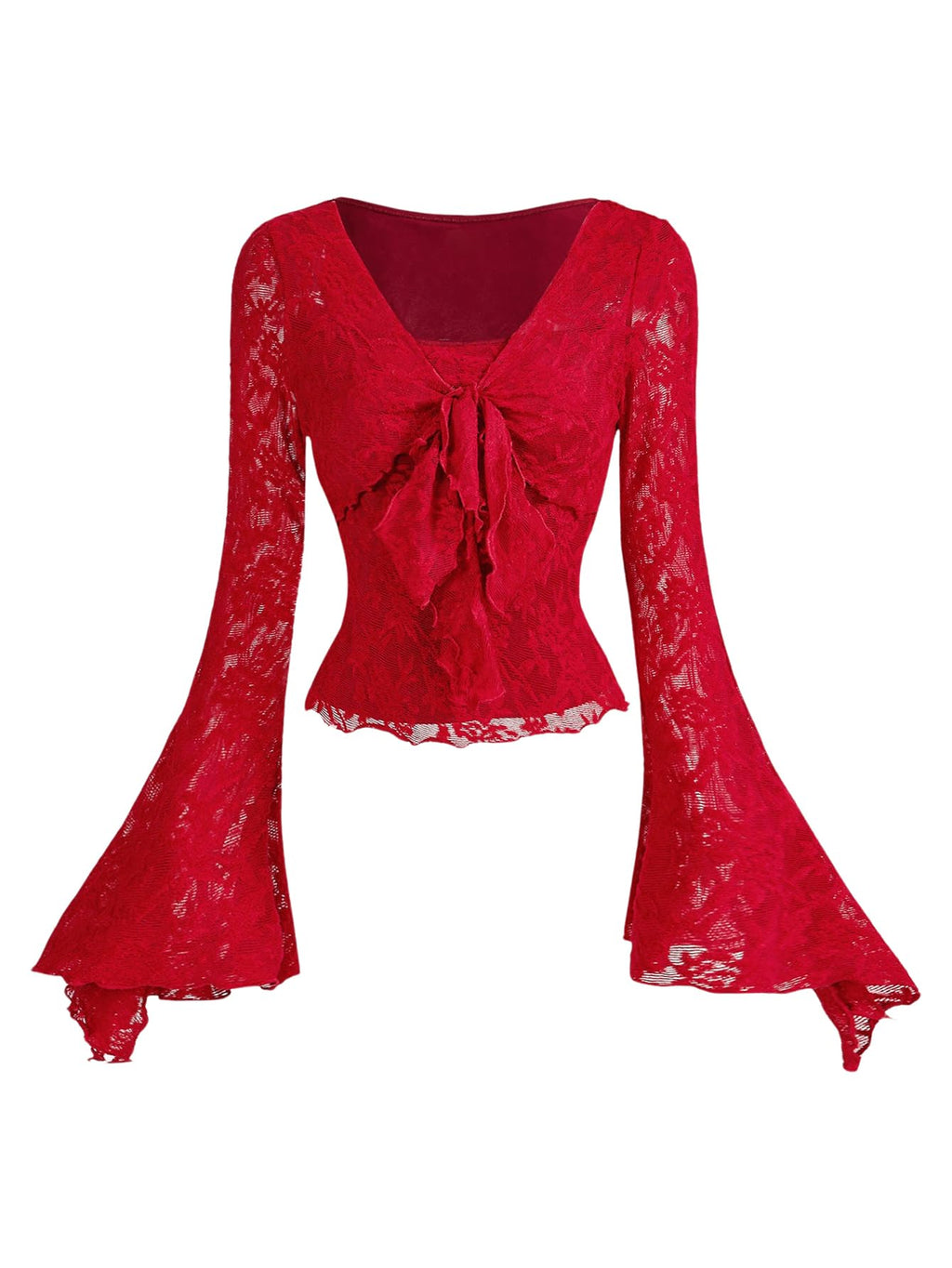 Verdusa Women's Y2K Tie Front Tops Bell Sleeve Floral Print Mesh Tops Long Sleeve Shirts 2000s Clothing