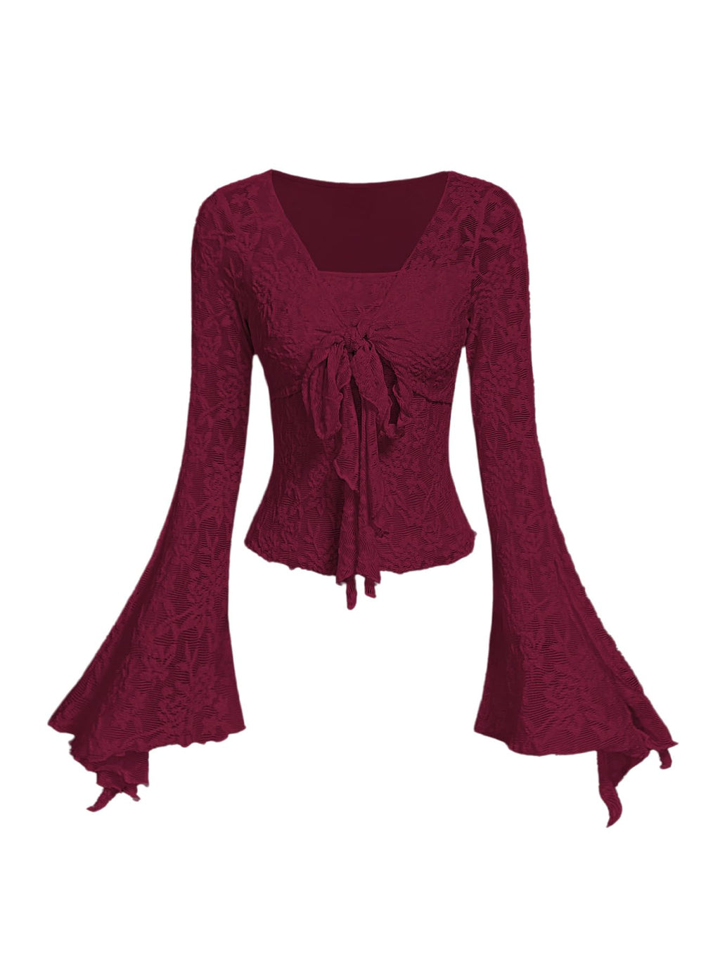 Verdusa Women's Y2K Tie Front Tops Bell Sleeve Floral Print Mesh Tops Long Sleeve Shirts 2000s Clothing