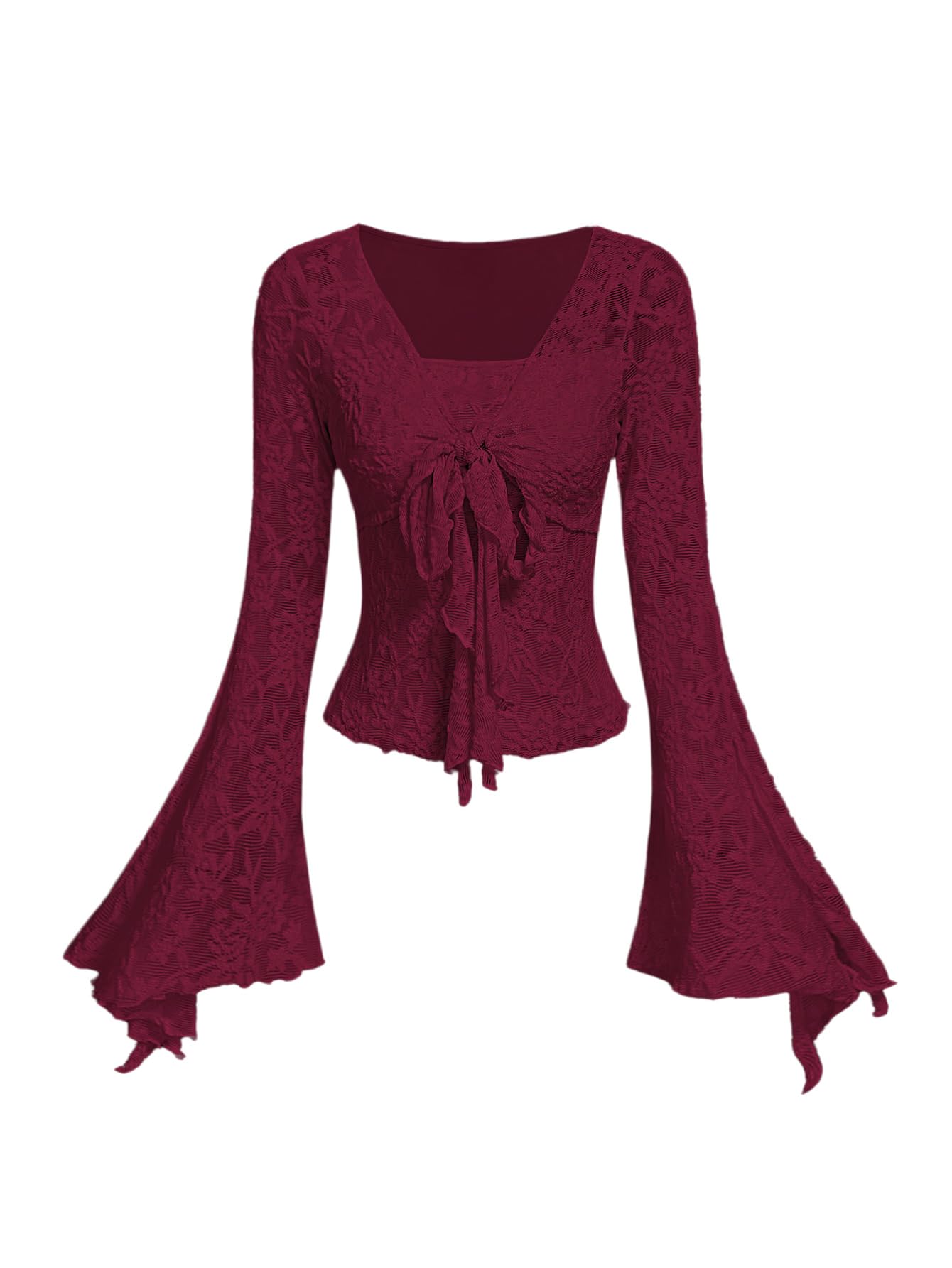 Verdusa Women's Y2K Tie Front Tops Bell Sleeve Floral Print Mesh Tops Long Sleeve Shirts 2000s Clothing